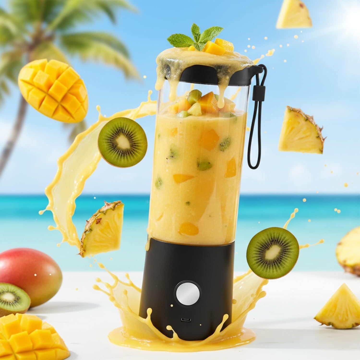 Showcases the portable blender in an aspirational tropical beach setting with fresh fruit, communicating the product's lifestyle appeal and use case for…