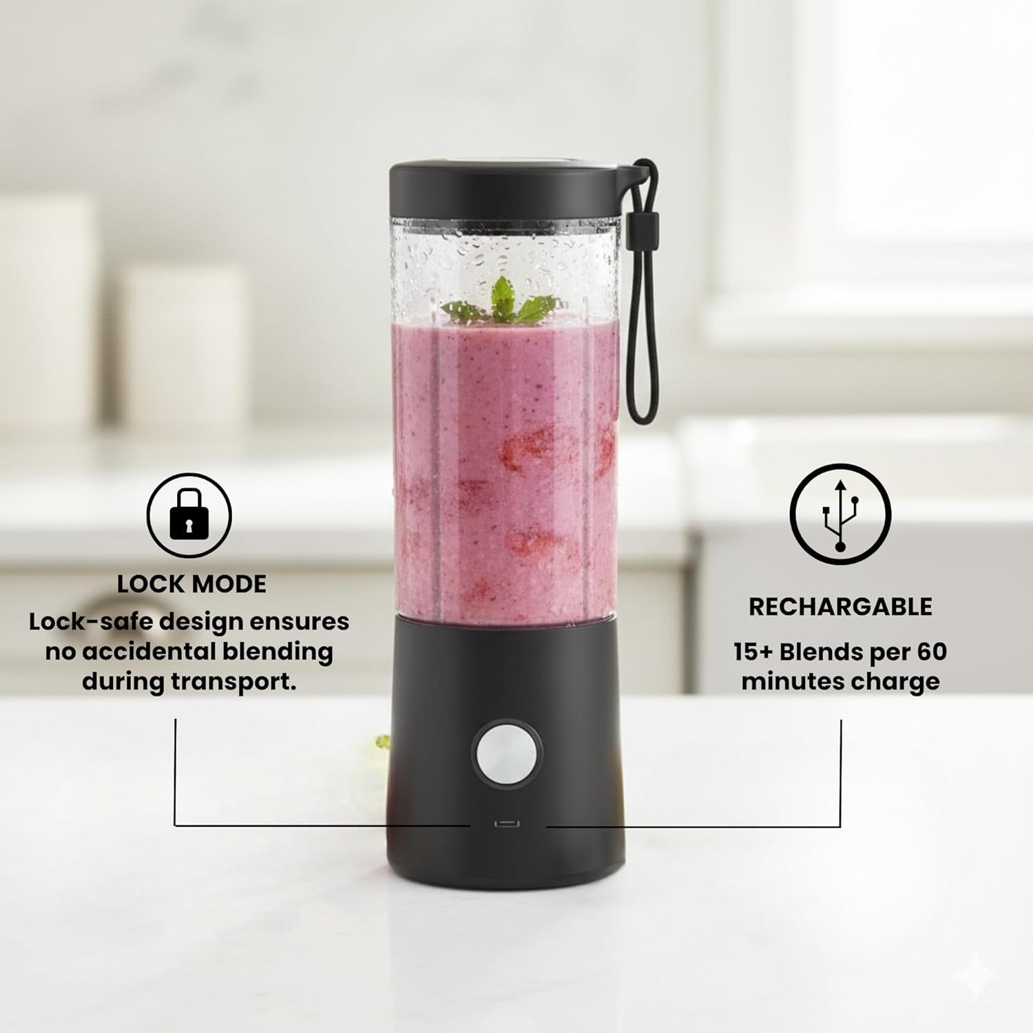 Highlights two distinct product benefits: the lock-safe design that prevents accidental blending during transport, and the rechargeable battery that provides…