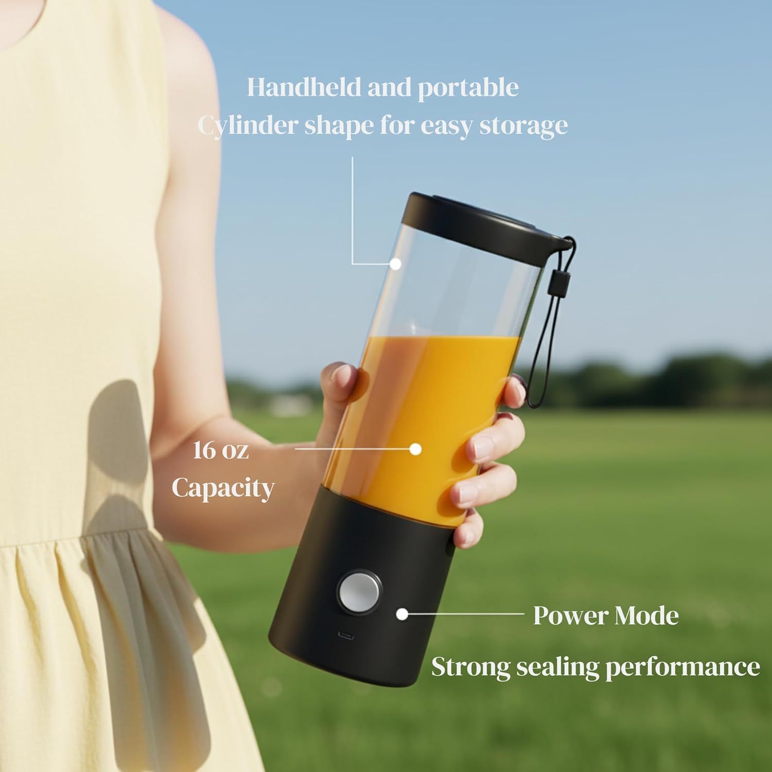 This image breaks down the key physical features and components of the portable blender, using callout lines to highlight portability, capacity, power…