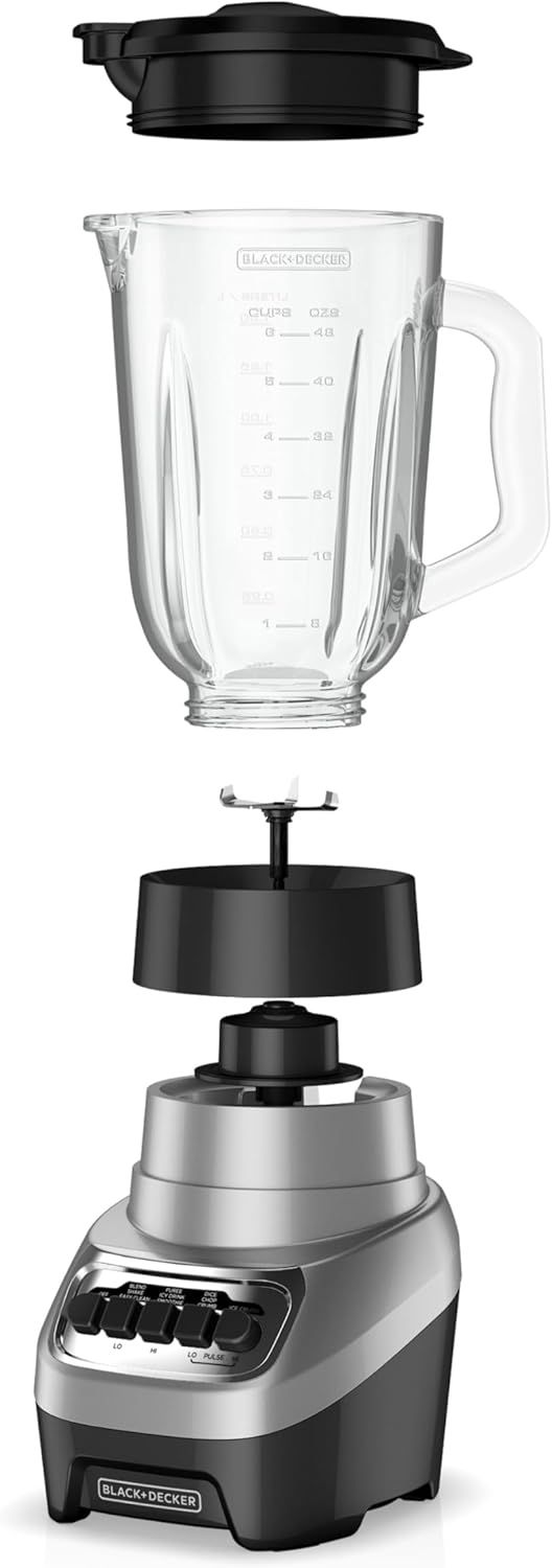 Shows the blender's disassembled parts to help shoppers understand the product's construction, assembly, and individual components including the lid, jar,…