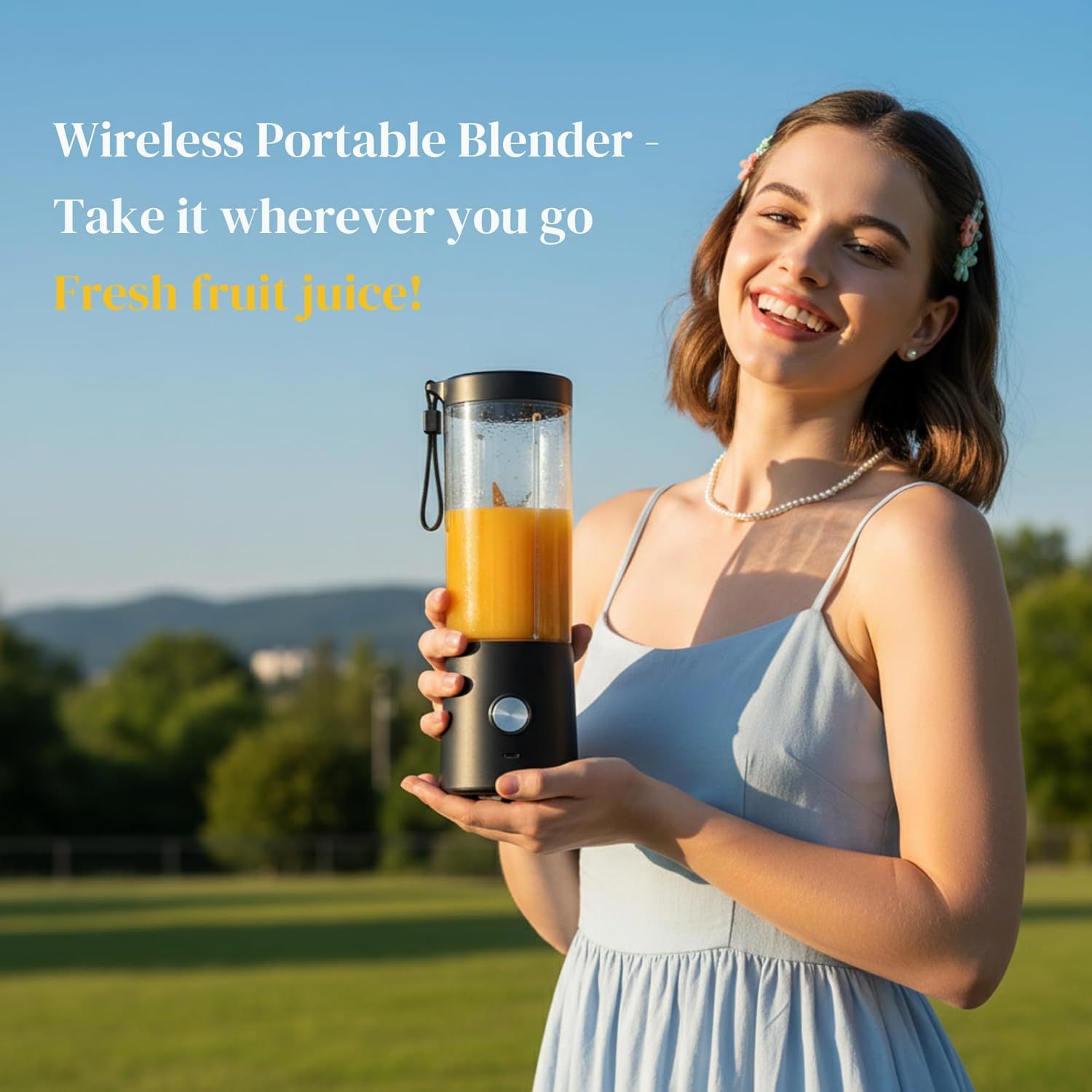 Demonstrates the product in a real-world outdoor lifestyle context, showing the blender being used to make fresh juice on the go, emphasizing portability and…