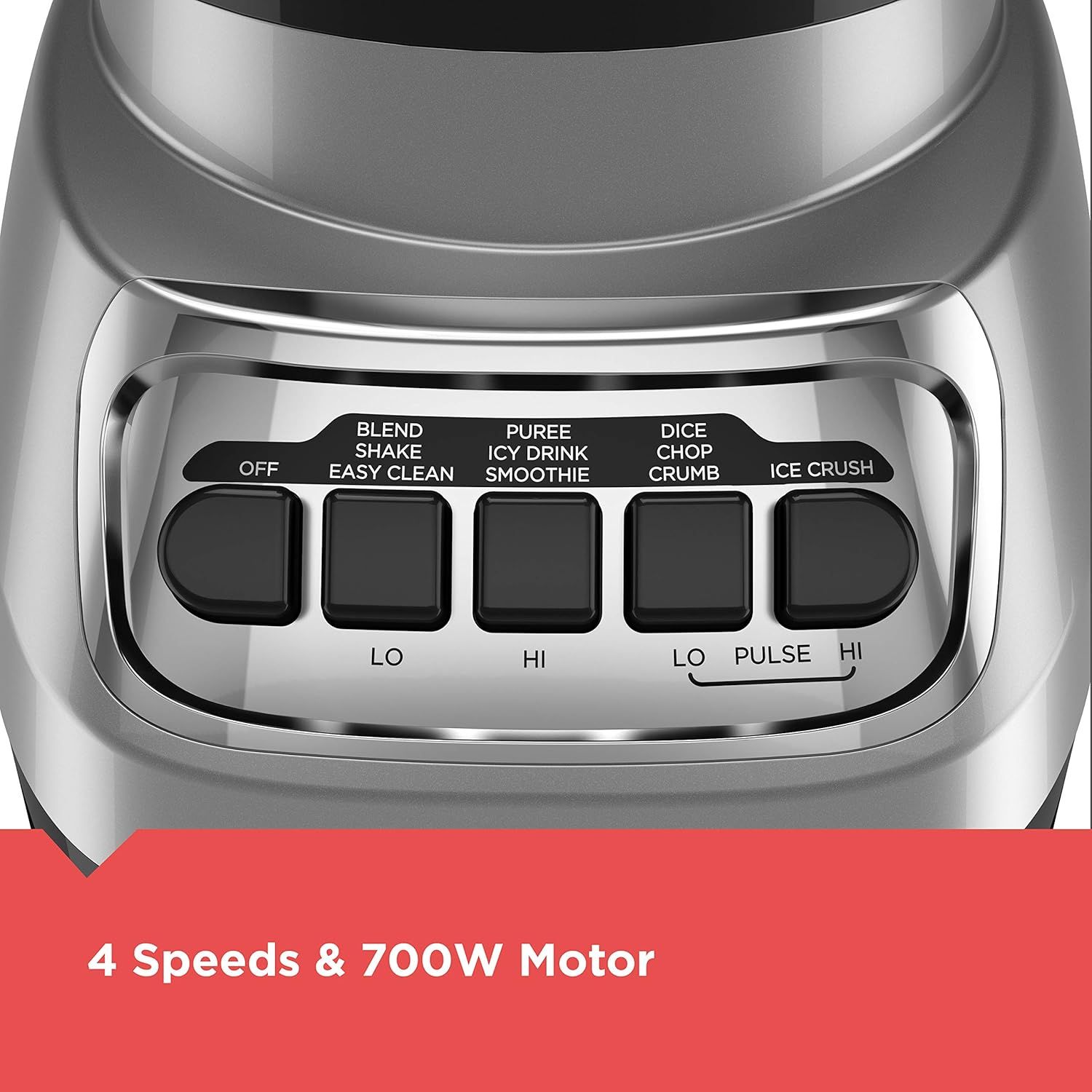 Communicates the blender's performance capabilities through quantifiable specs (4 speed settings and 700W motor) to reassure shoppers of its power and versatility. Highlights the product's…