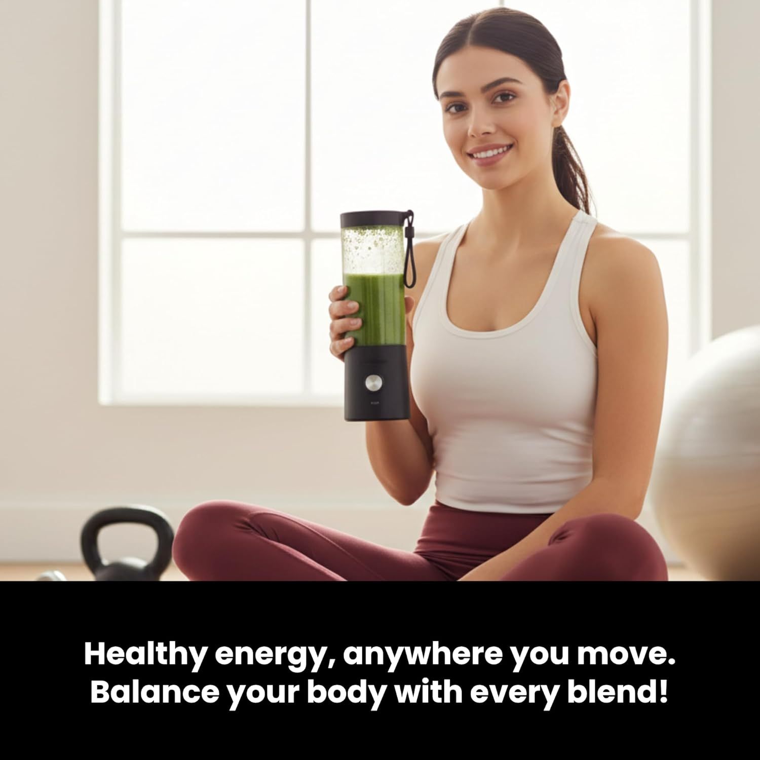Communicates the product's portability and health benefits, positioning it as a convenient solution for making nutritious smoothies anywhere, appealing to…