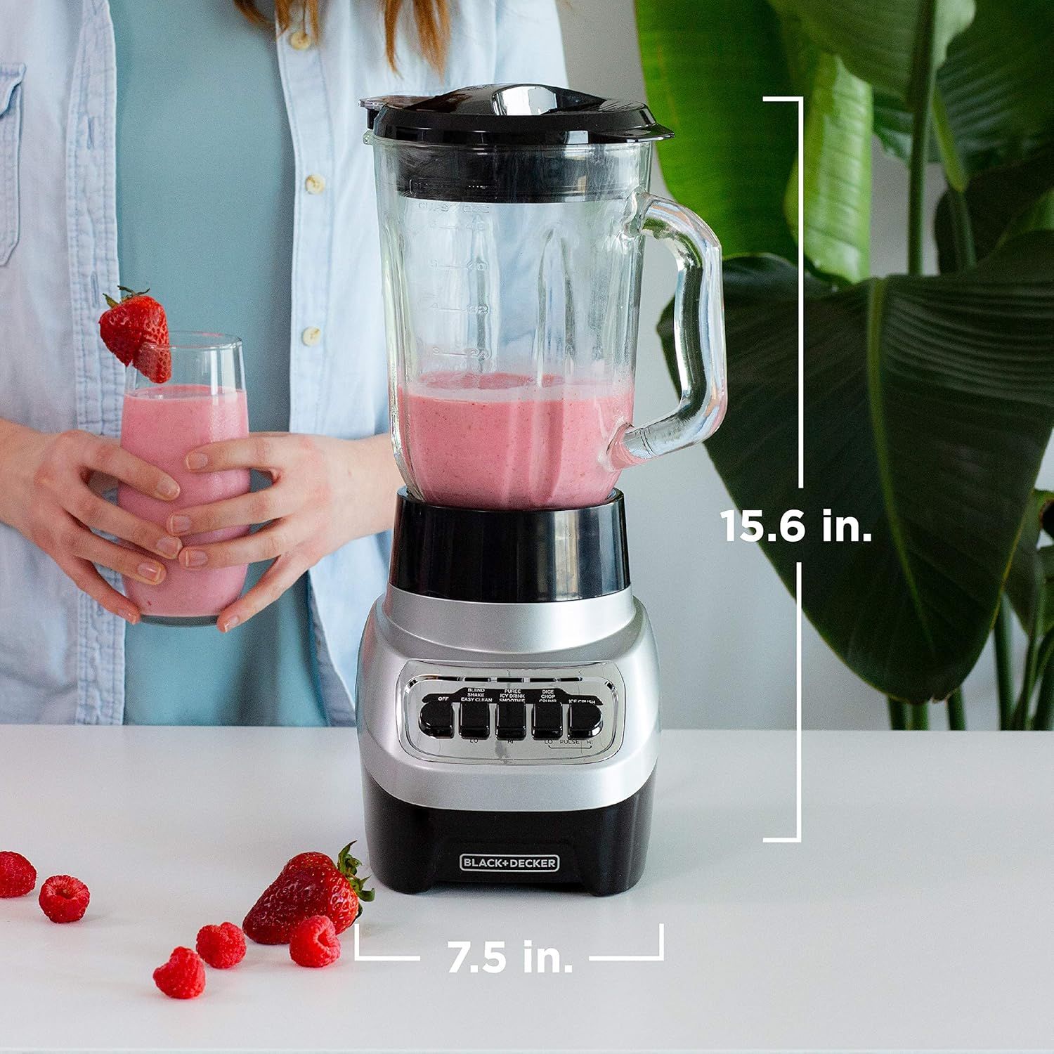 Communicates the exact physical size of the blender (15.6 inches tall, 7.5 inches wide) to help shoppers understand how much counter space it requires and whether it will fit in their kitchen.
