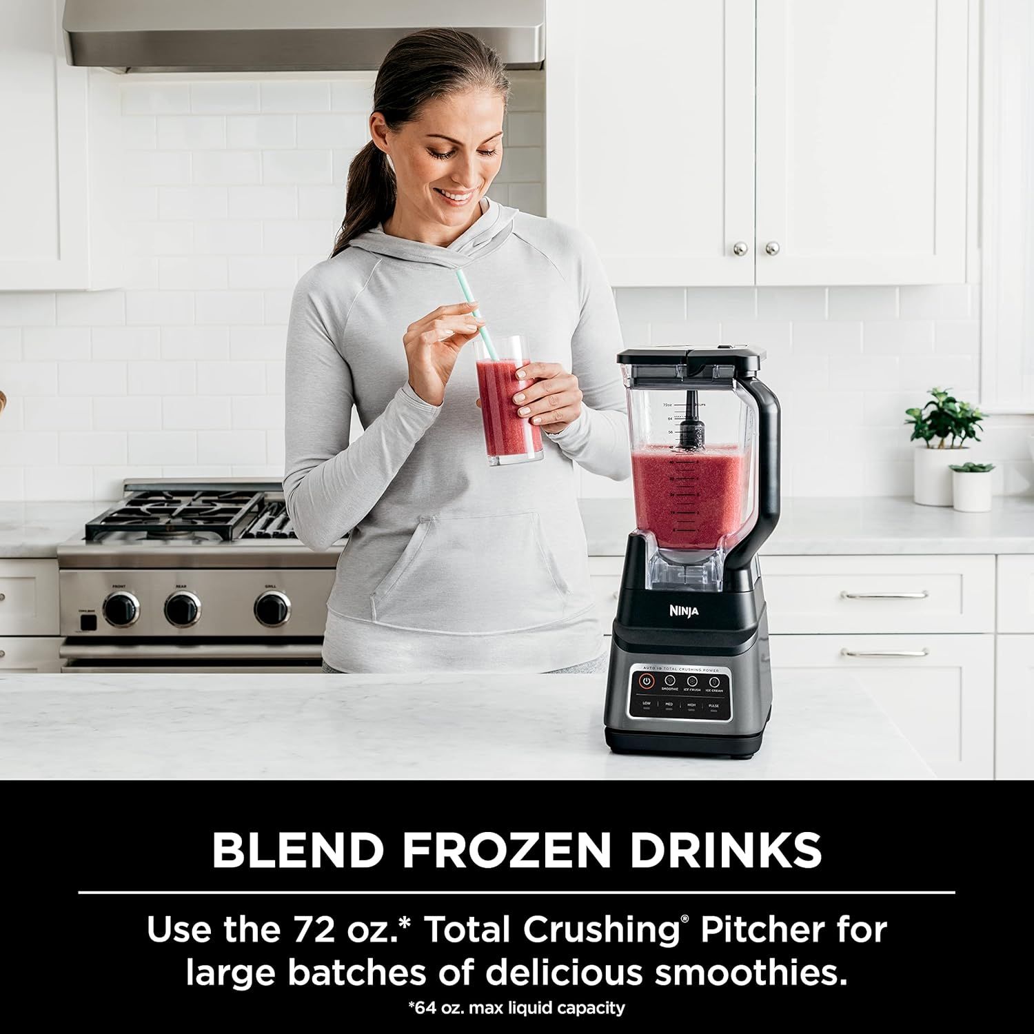 Demonstrates the blender's capability to make frozen drinks and smoothies in large batches using the 72 oz. Total Crushing Pitcher, showing a real-world use…