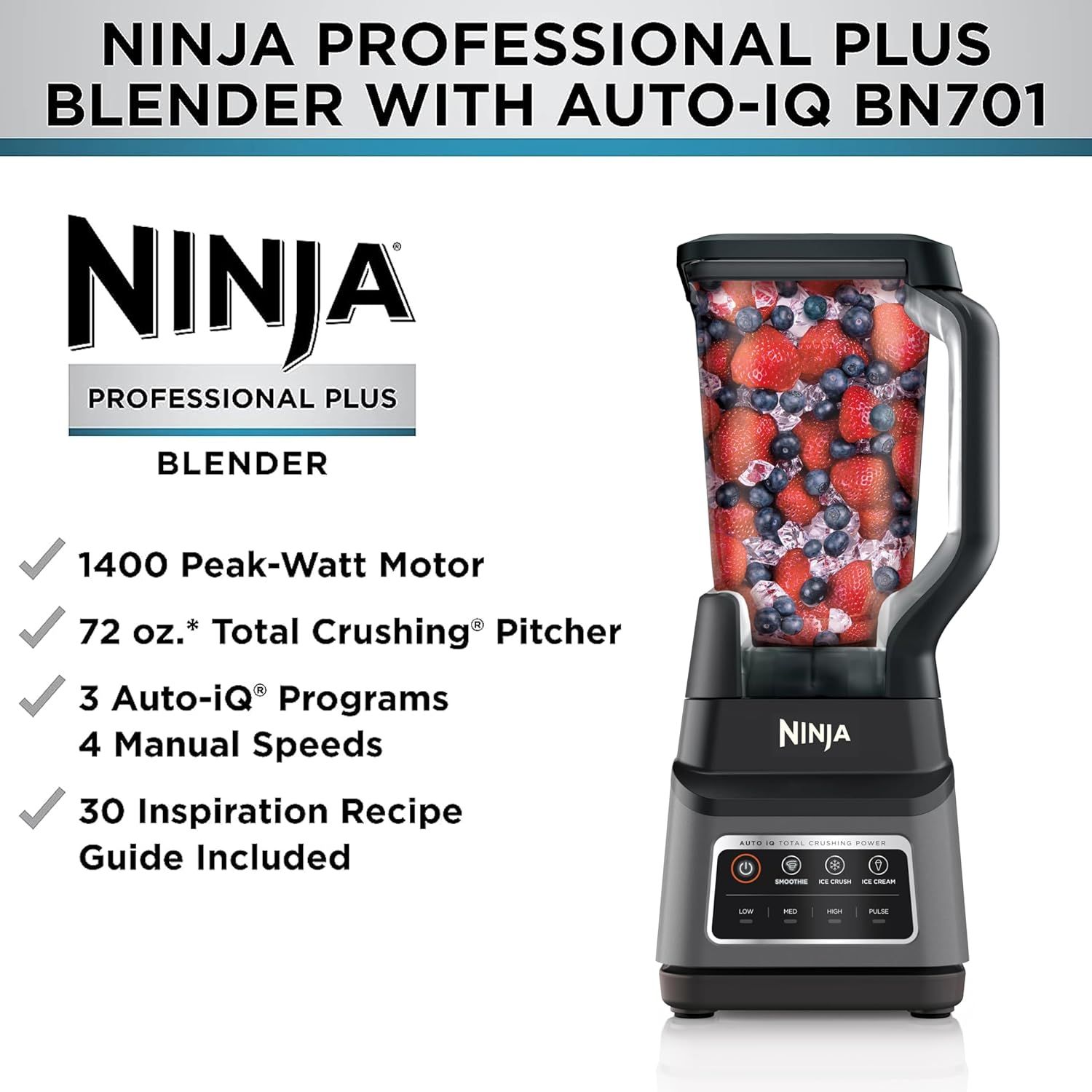 Communicates multiple key features and benefits of the Ninja Professional Plus Blender in a segmented checklist format to help shoppers understand the…