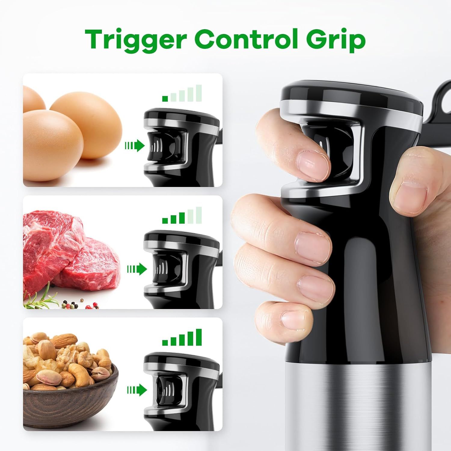 Demonstrates the product's versatility by showing it can handle multiple food types—eggs, meat, and nuts—with adjustable trigger control for different…