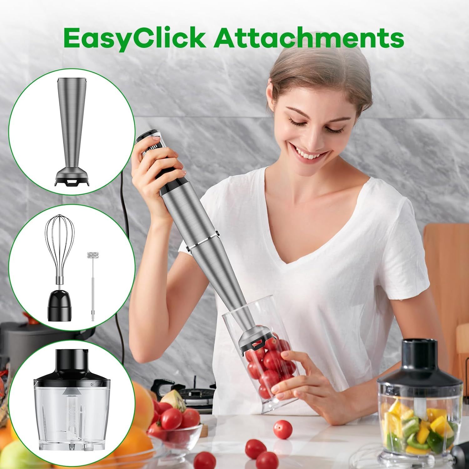 Demonstrates the product's versatility by showing three different attachments (blending blade, whisk, and chopper bowl) that enable multiple kitchen…