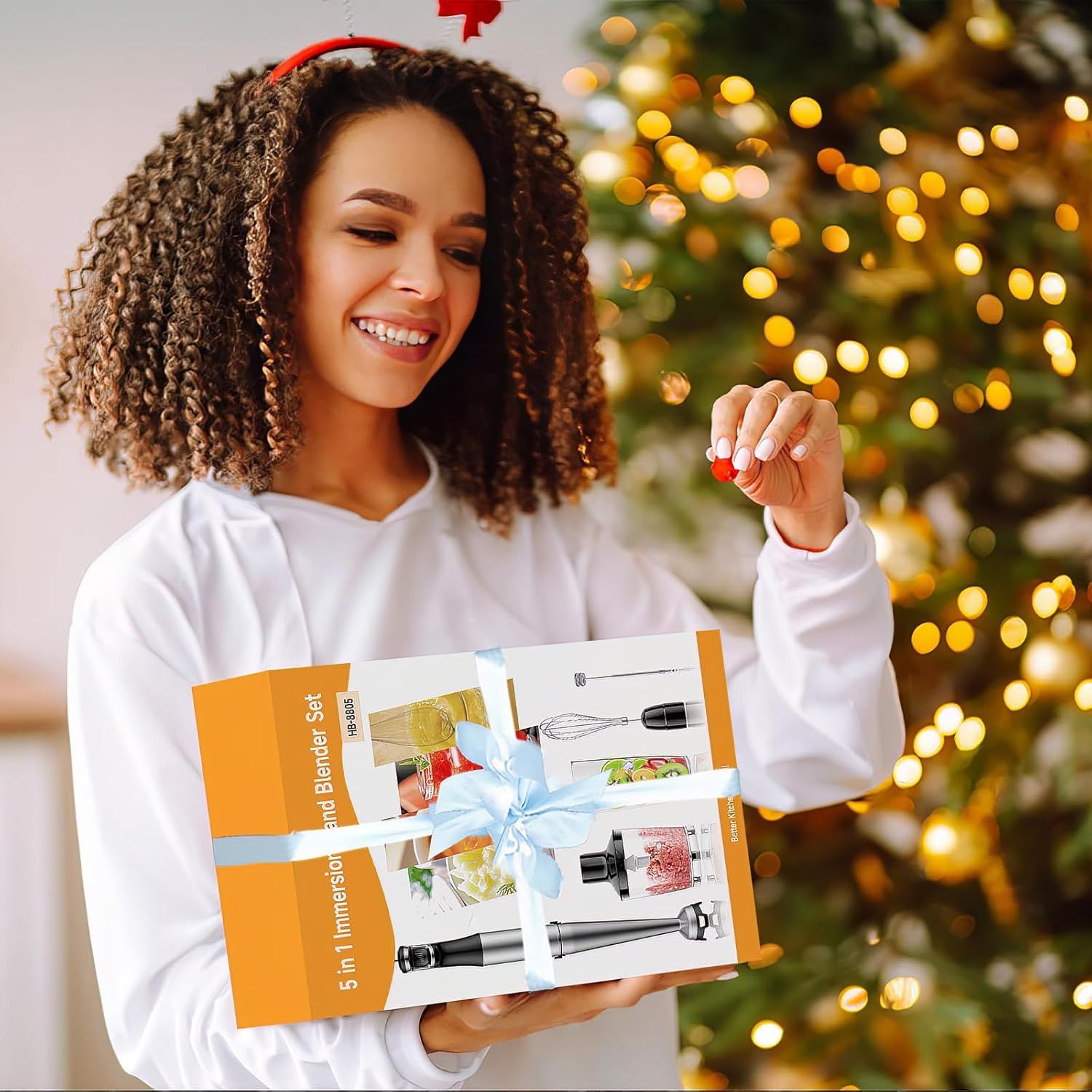Positions the product as a perfect holiday gift by showing it wrapped with a ribbon in a festive Christmas setting, encouraging seasonal purchase intent.