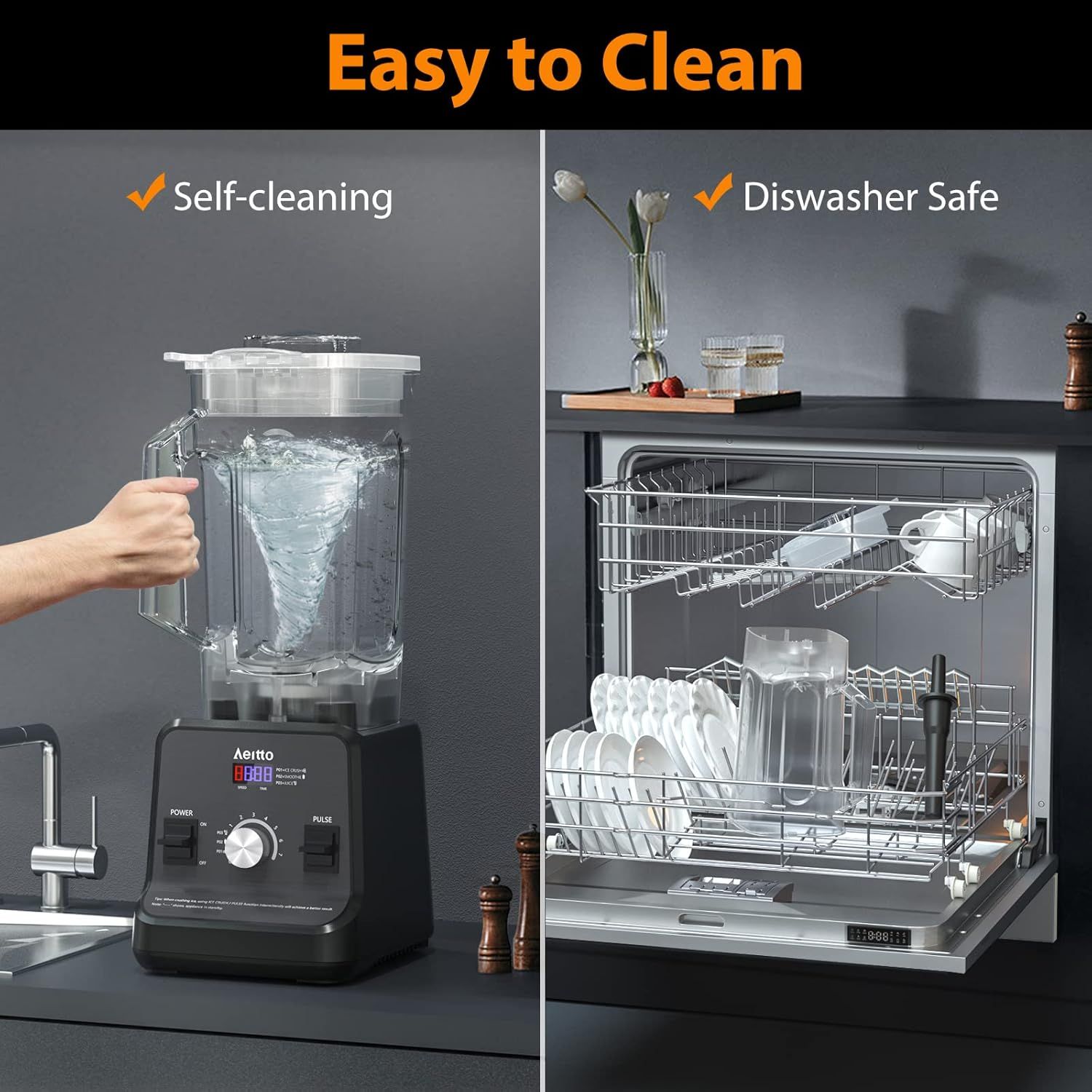Communicates the product's ease of maintenance by highlighting two distinct cleaning benefits: self-cleaning capability and dishwasher-safe design, reassuring…