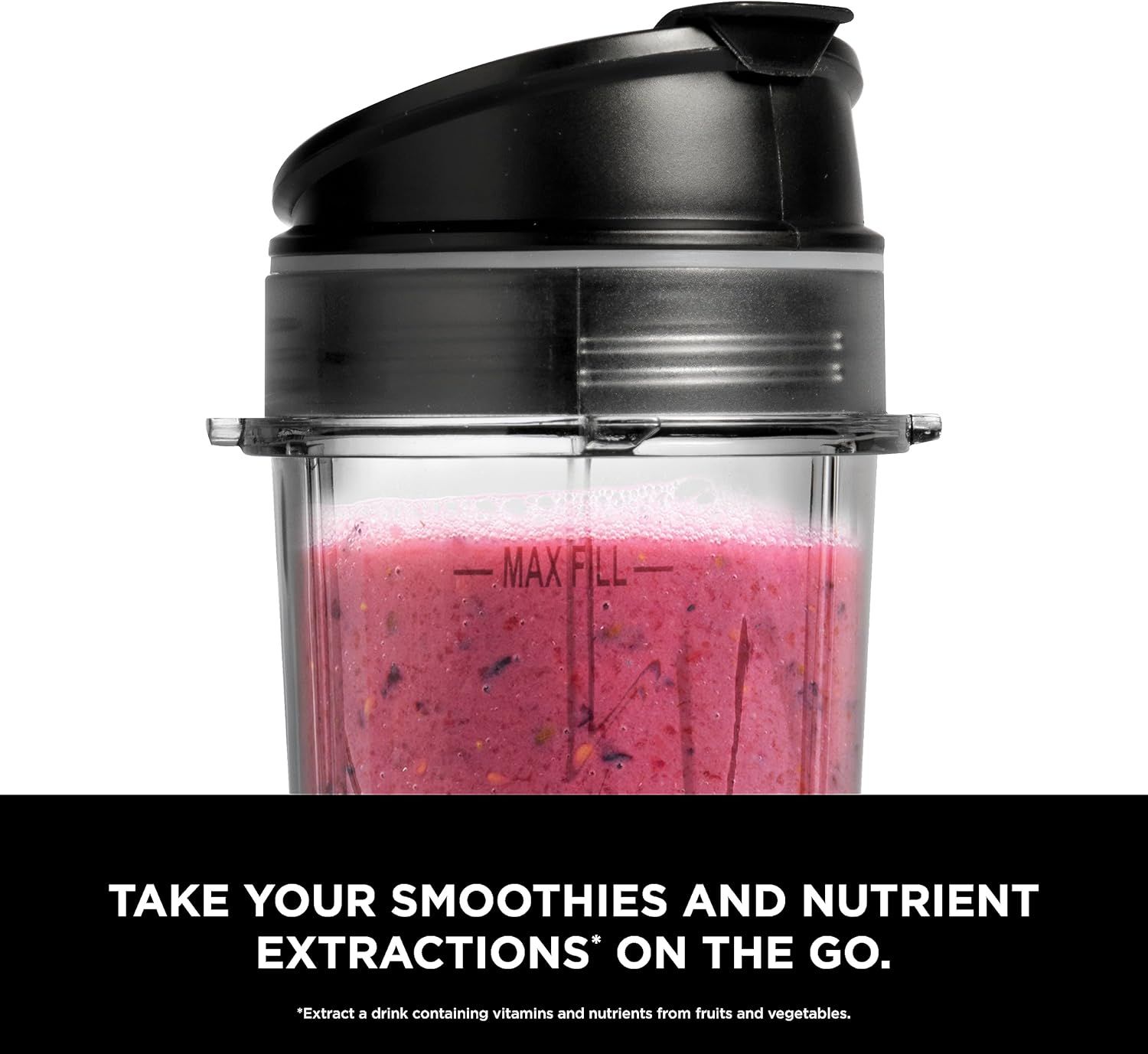 Communicates that the blender cup with lid allows users to take their smoothies and nutrient extractions anywhere, emphasizing portability and convenience for…