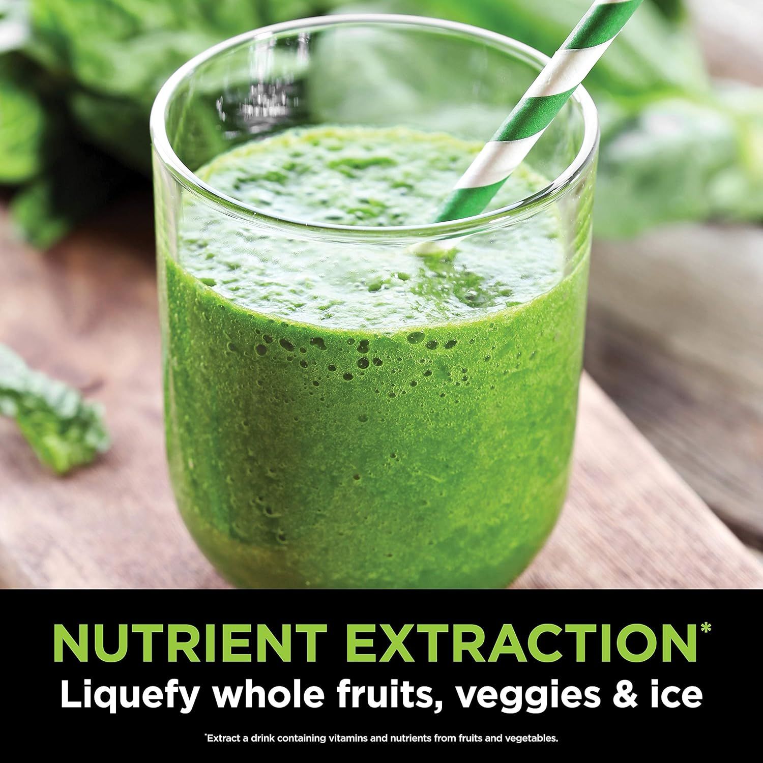 Communicates the product's ability to liquefy whole fruits, veggies, and ice to extract vitamins and nutrients, emphasizing health benefits and blending…