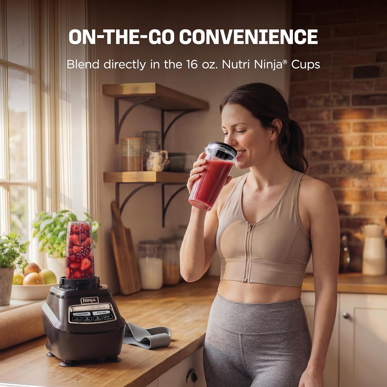 Communicates the convenience of blending directly in the portable Nutri Ninja cup for easy on-the-go use, appealing to busy, health-conscious shoppers.