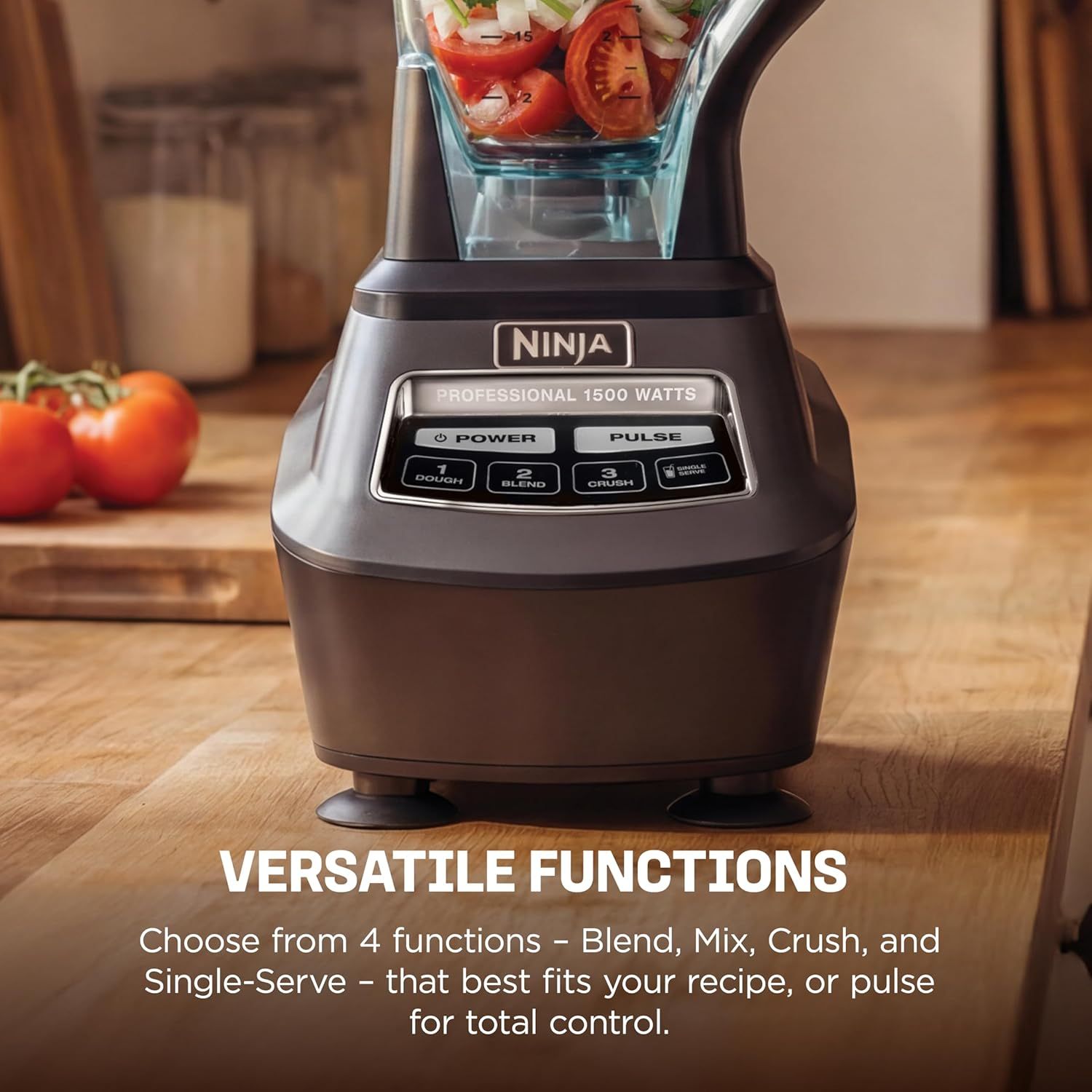 Communicates the product's versatility by highlighting the 4 different blending functions (Blend, Mix, Crush, Single-Serve) plus pulse control, reassuring…