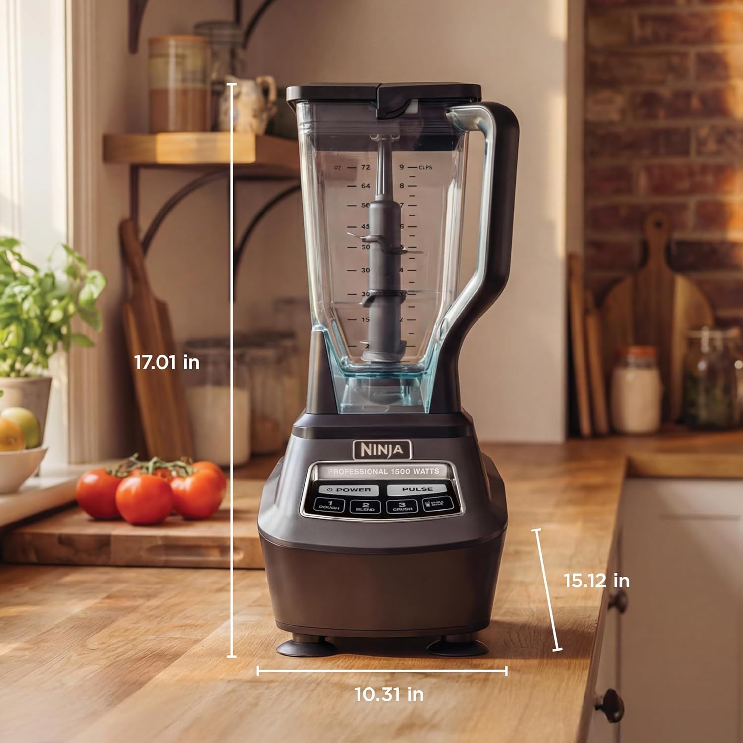 Communicates the exact physical dimensions of the blender (height, width, depth) to help shoppers understand how much counter space it will require and whether it will fit in their kitchen.