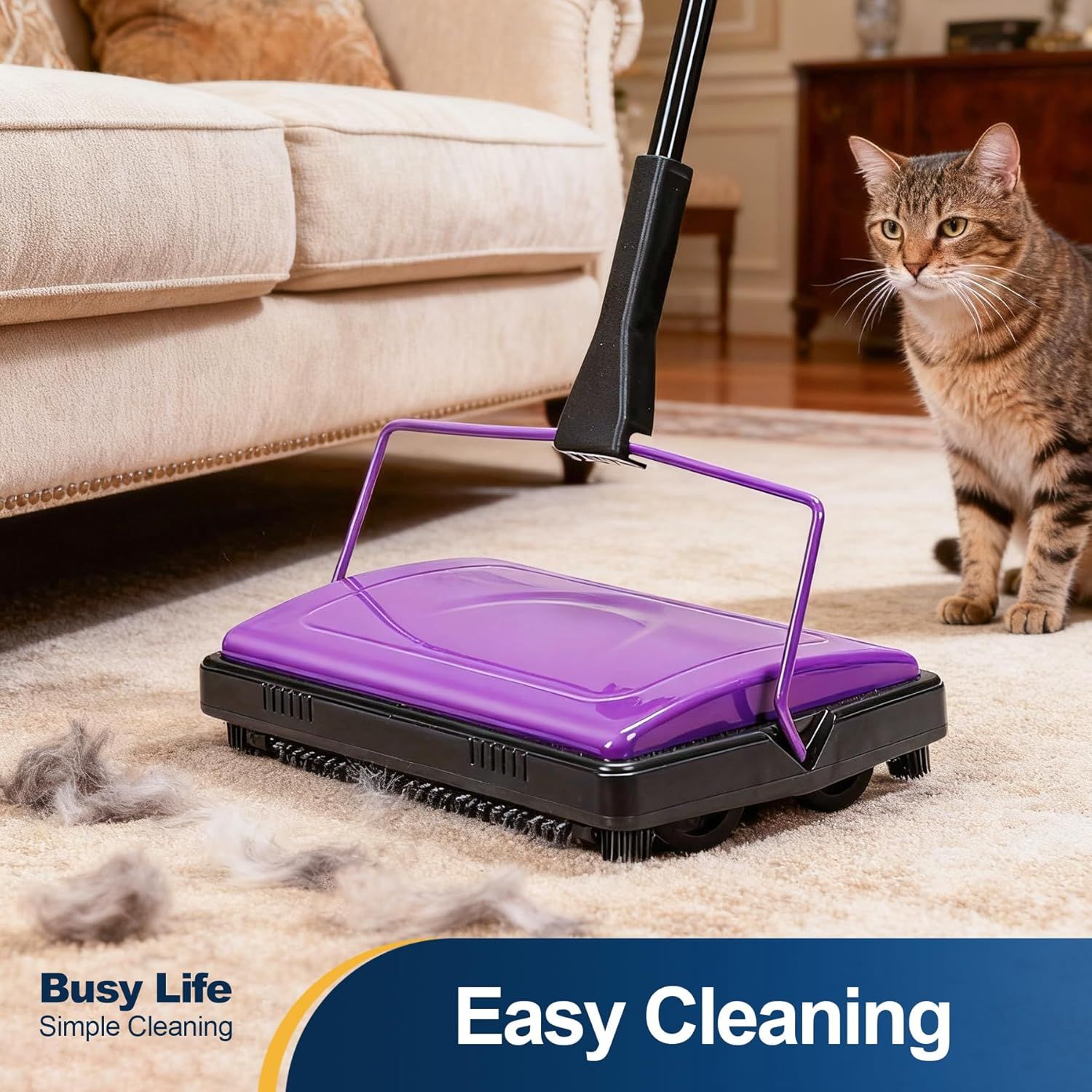 Demonstrates the product's effectiveness for cleaning pet hair in a home environment, reassuring pet owners that this sweeper is ideal for their needs.…