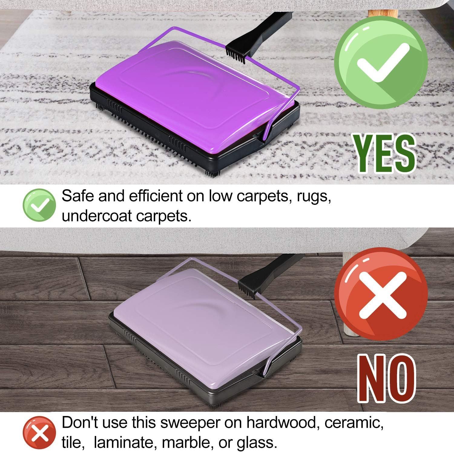 Demonstrates which surfaces the sweeper is safe and effective on (low carpets, rugs, undercoat carpets) versus which surfaces to avoid (hardwood, ceramic,…