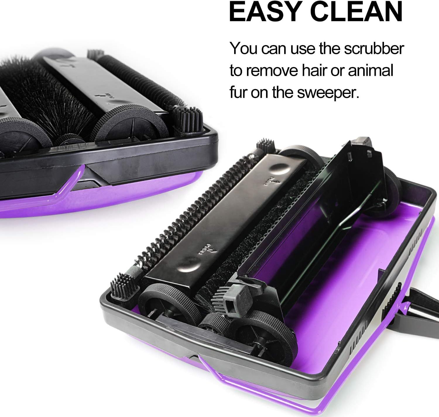Demonstrates that the sweeper is easy to maintain by showing how the scrubber can be used to remove hair and fur from the sweeper itself.