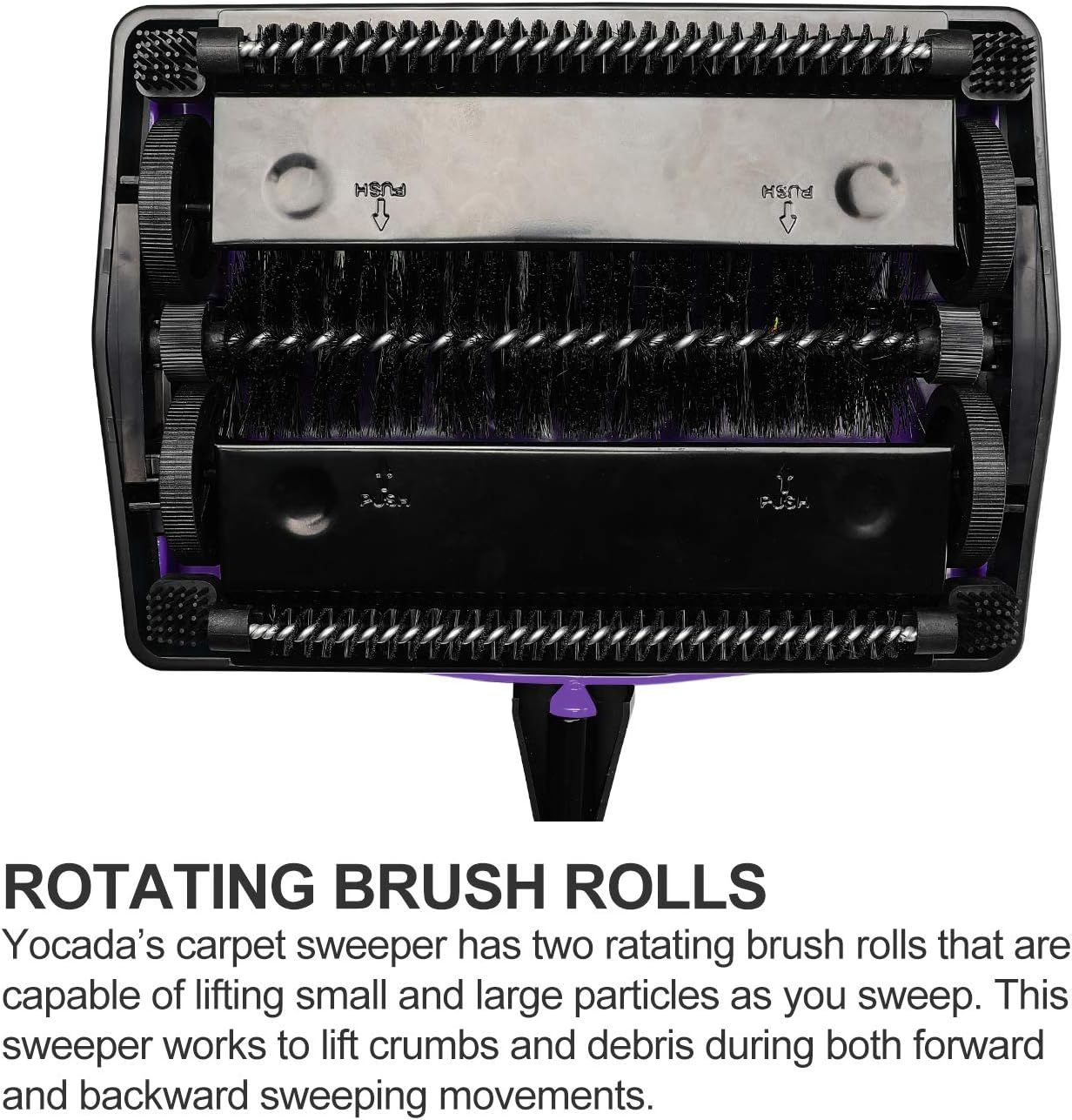 Highlights the internal structure and key component of the carpet sweeper—the two rotating brush rolls—to demonstrate how the product effectively lifts crumbs…