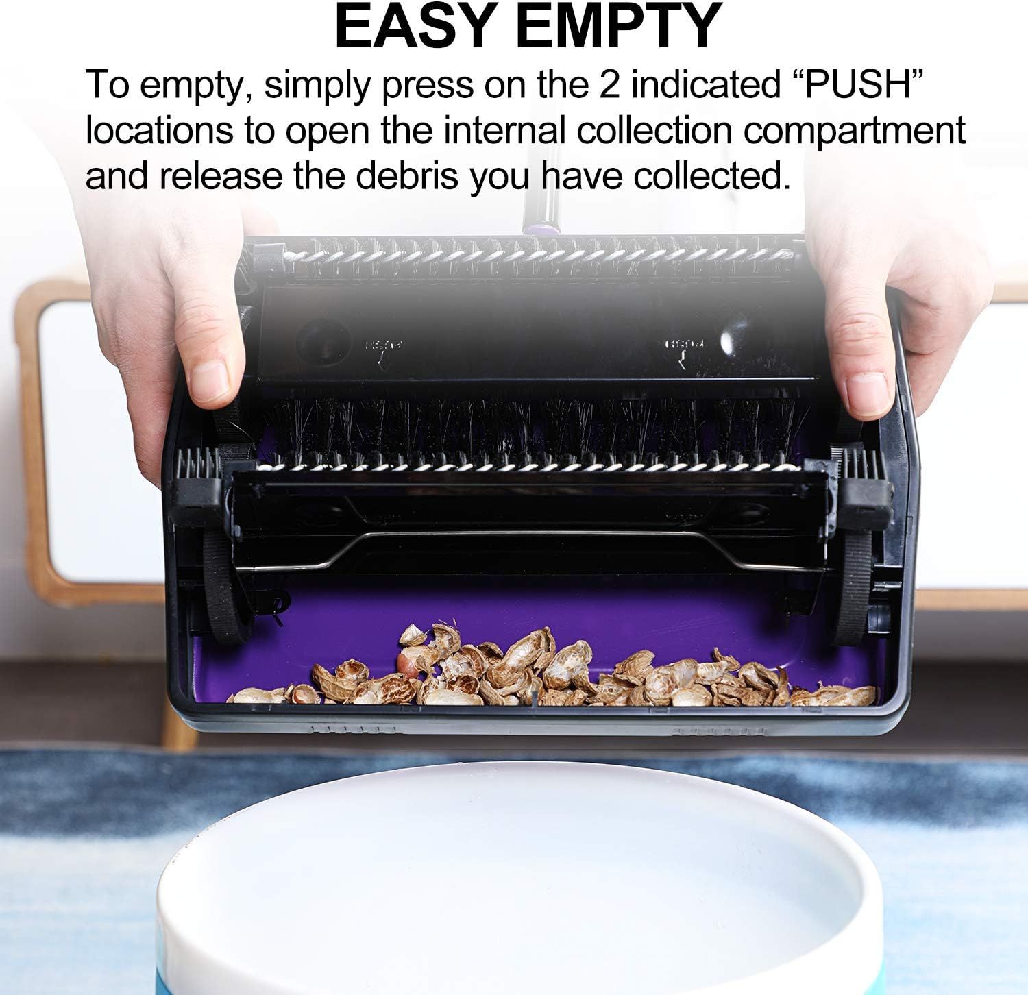 Demonstrates how to empty the product's collection compartment by pressing two indicated locations, reassuring shoppers that maintenance is simple and convenient. Highlights the ease of emptying the…