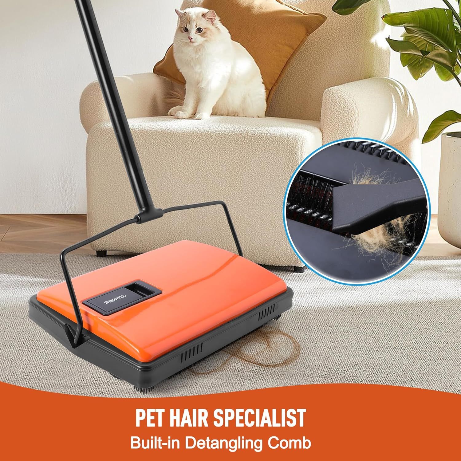 Communicates that this sweeper is specifically designed for pet owners, featuring a built-in detangling comb to effectively remove pet hair from carpets and…