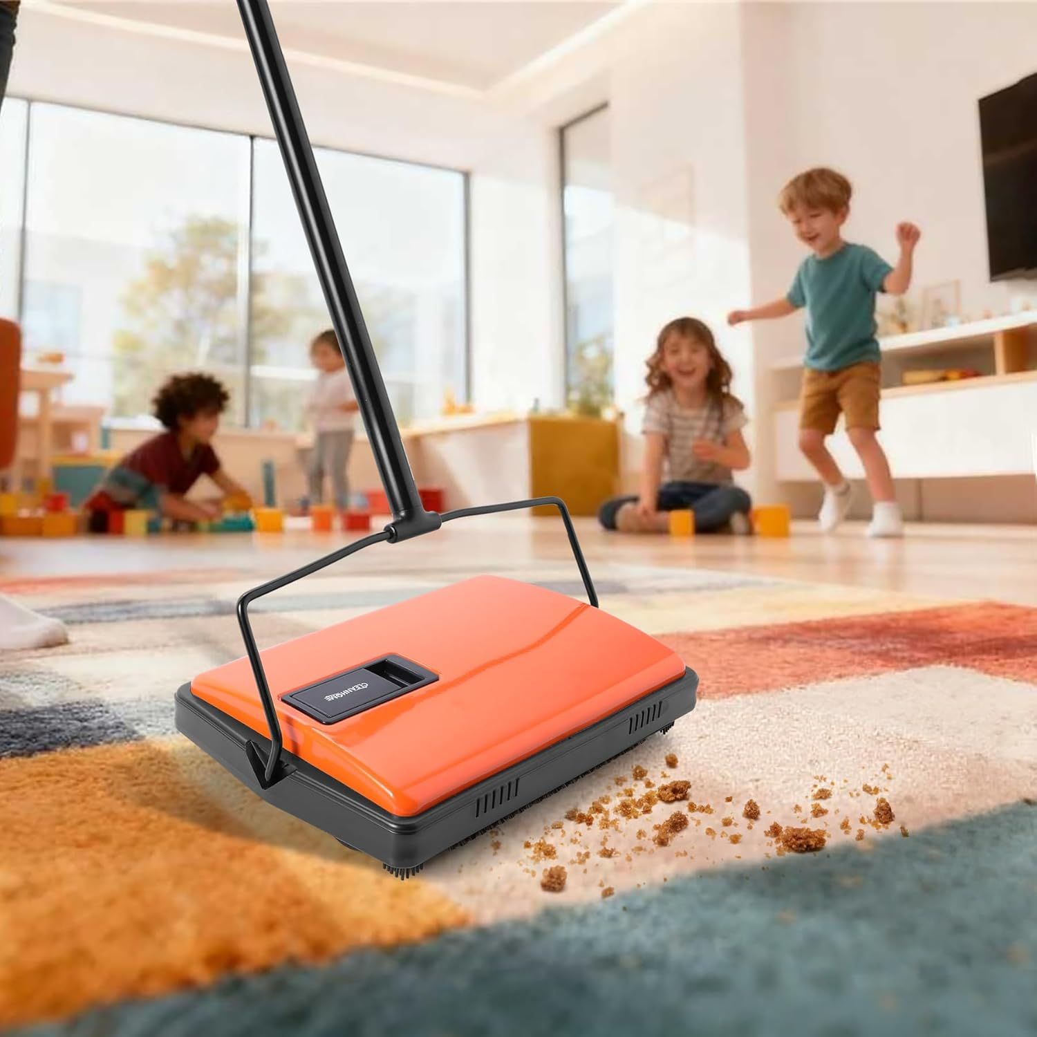 Demonstrates the product in a real-world family setting, showing it cleaning up crumbs on a carpet while children play in the background, helping shoppers…