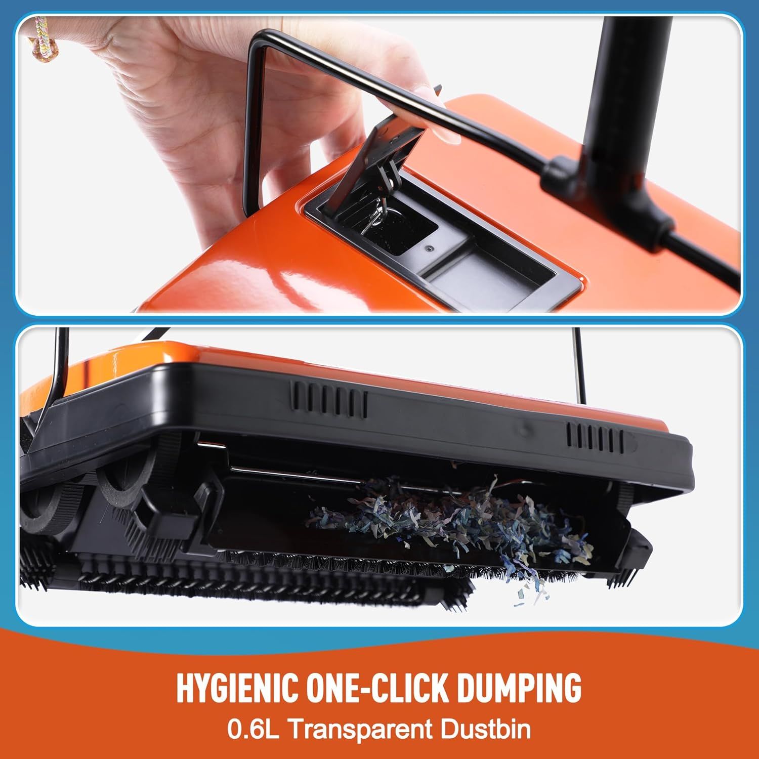 Demonstrates the product's convenient one-click dustbin emptying mechanism, reassuring shoppers that they can dispose of debris hygienically without touching…