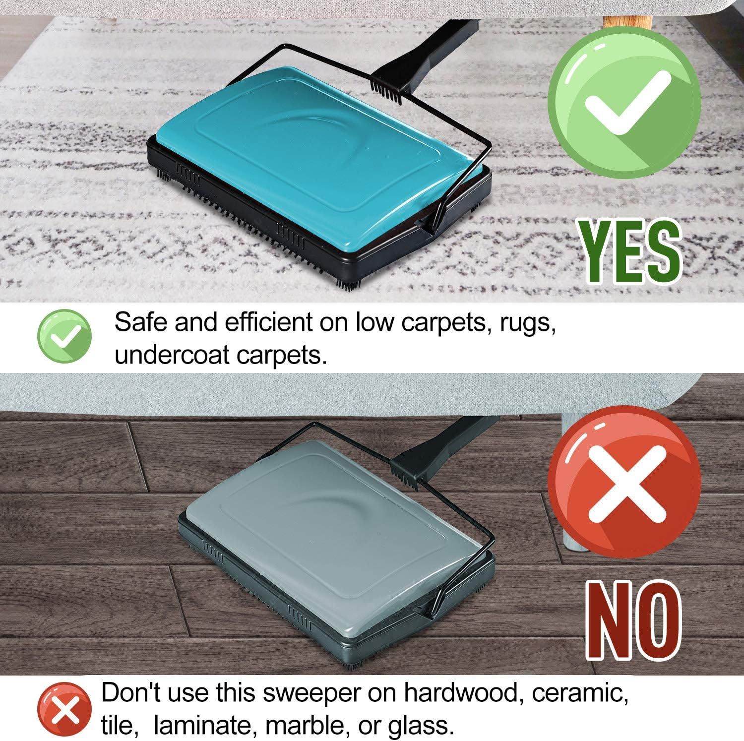 Demonstrates where the sweeper should and should not be used, helping shoppers understand the appropriate surfaces and avoid damage to incompatible flooring…