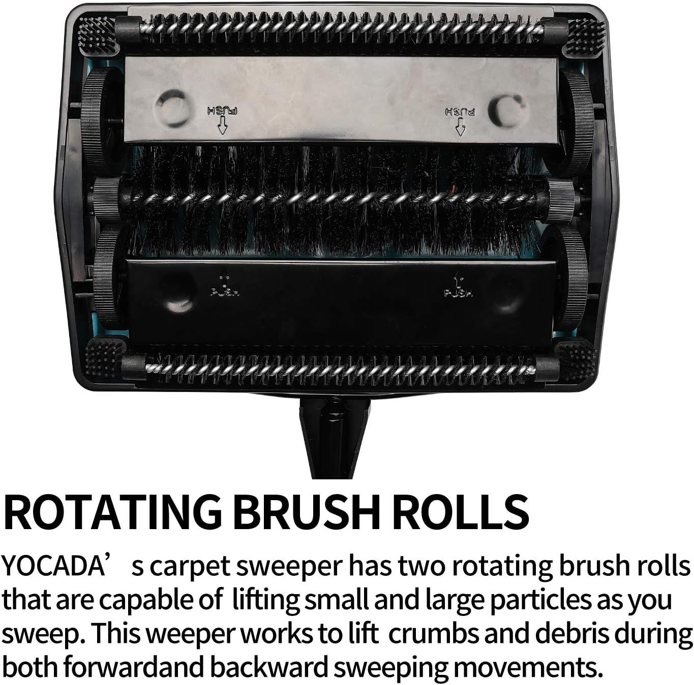 Highlights the internal rotating brush roll mechanism to show how the product effectively lifts and captures both small and large particles during sweeping.…
