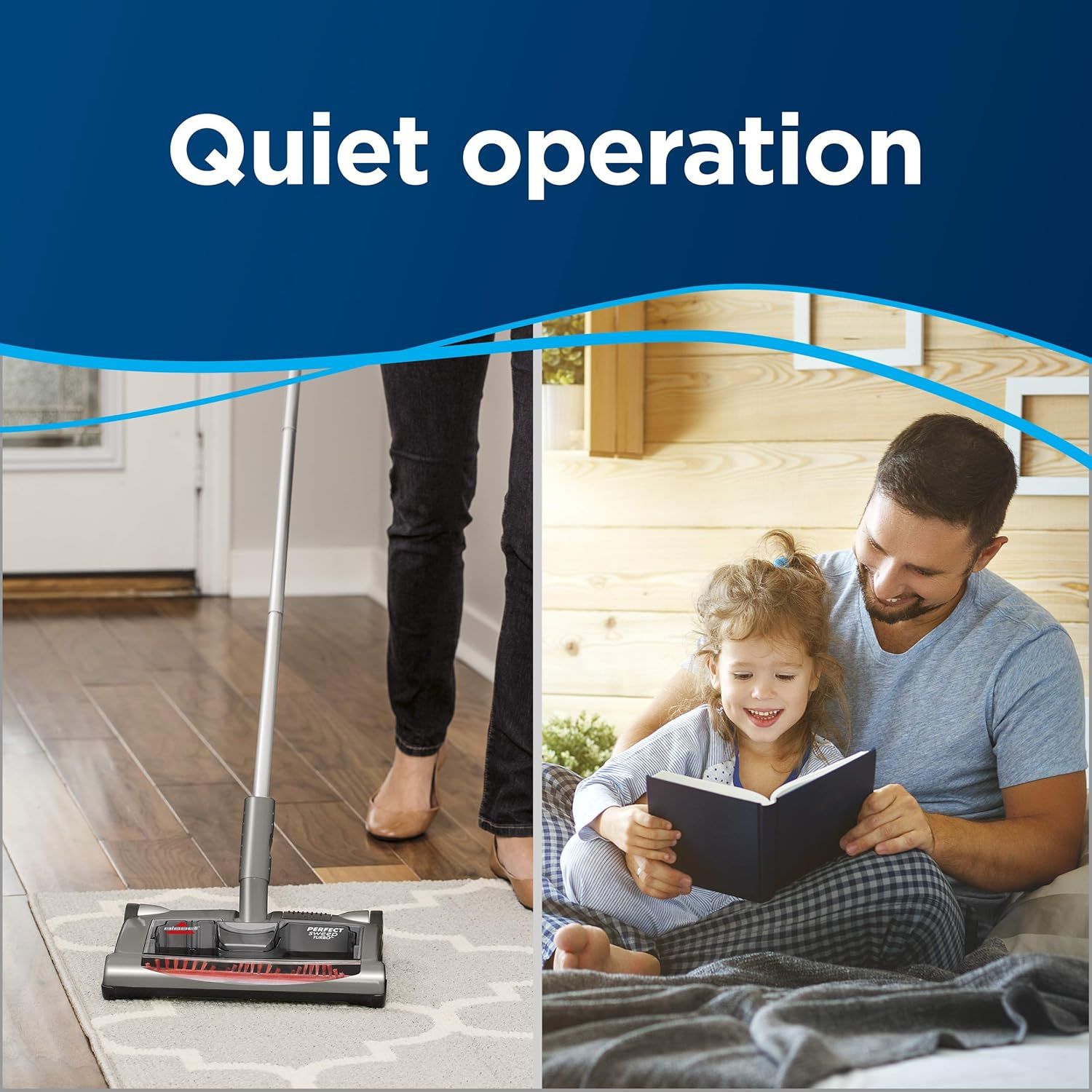 Communicates that the vacuum operates quietly, allowing family life to continue undisturbed, reassuring shoppers that cleaning won't disrupt reading,…