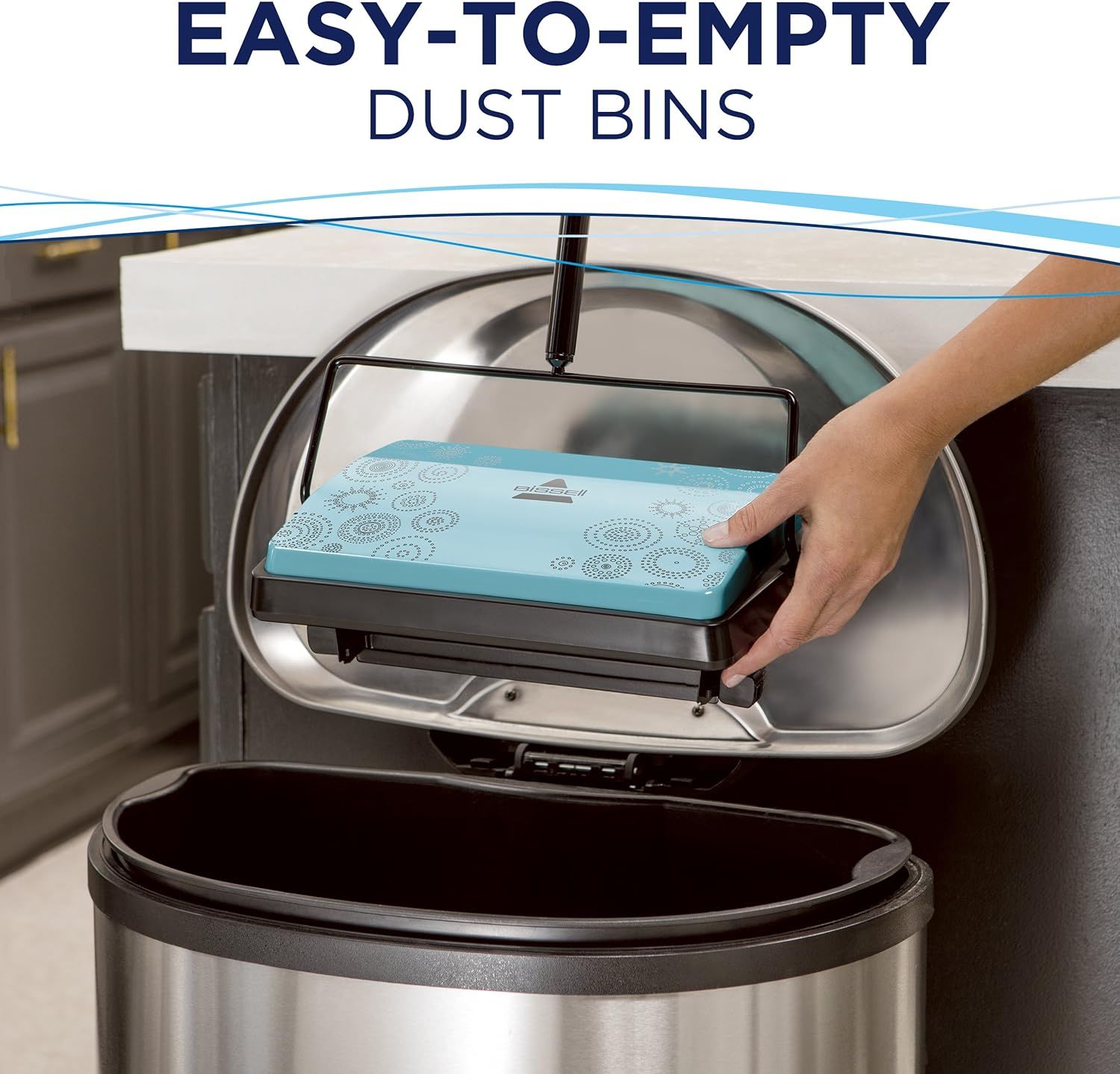 Demonstrates how simple it is to remove and empty the vacuum's dust bin, reassuring shoppers that maintenance is quick and hassle-free. Highlights the convenient, user-friendly dust bin design that…