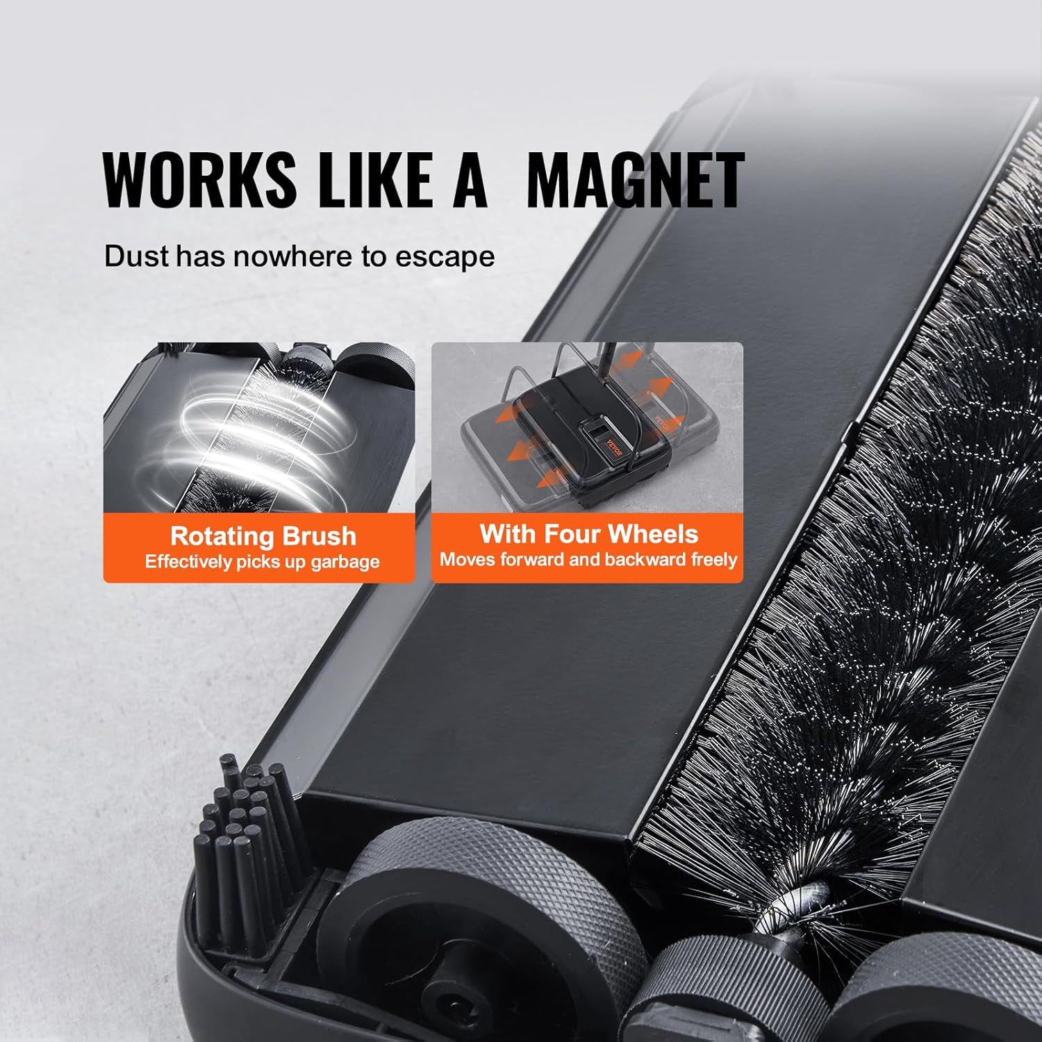 Highlights two key features of the vacuum cleaner: the rotating brush that effectively picks up dust and debris, and the four-wheel design that enables easy…