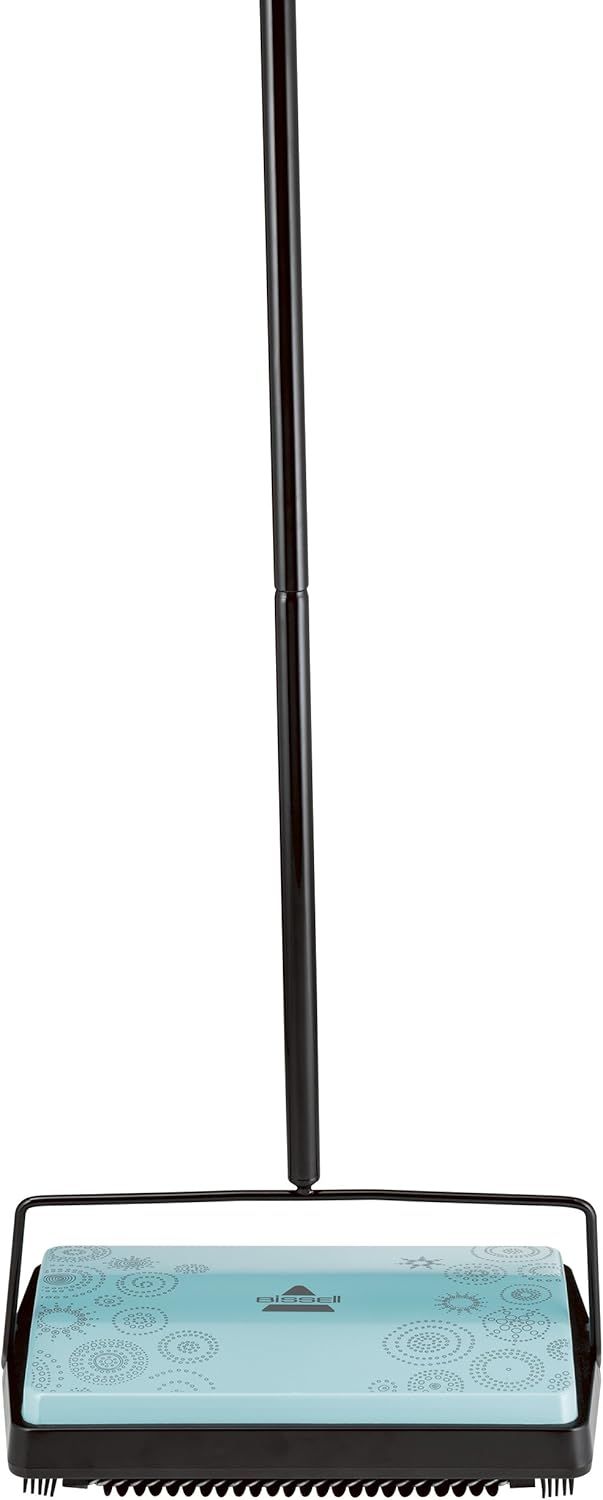 Provides a clean, catalog-style view of the sweeper product showing its full form with extended handle and decorative cleaning pad.