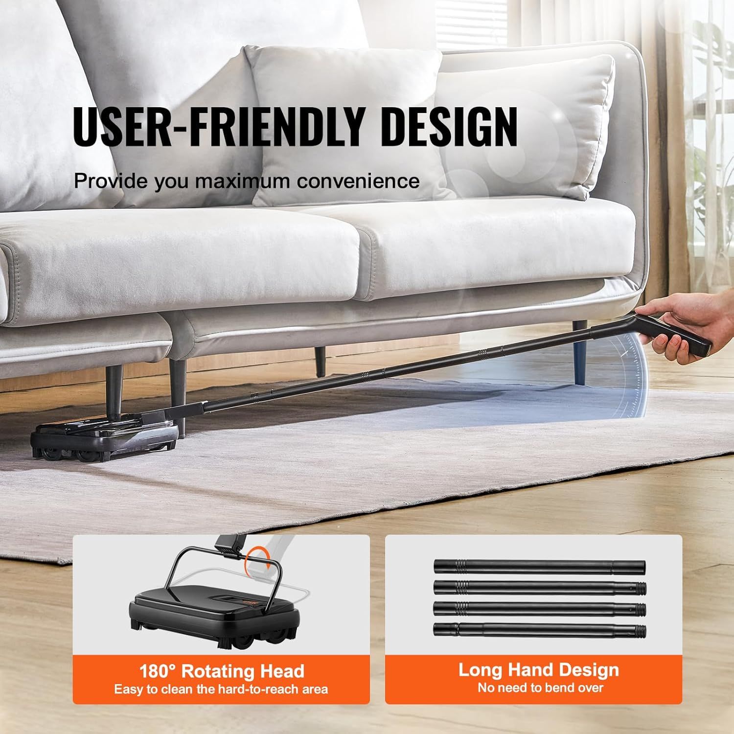 Communicates the user-friendly design features of the vacuum, highlighting the rotating head for hard-to-reach areas and the long handle design for convenient…
