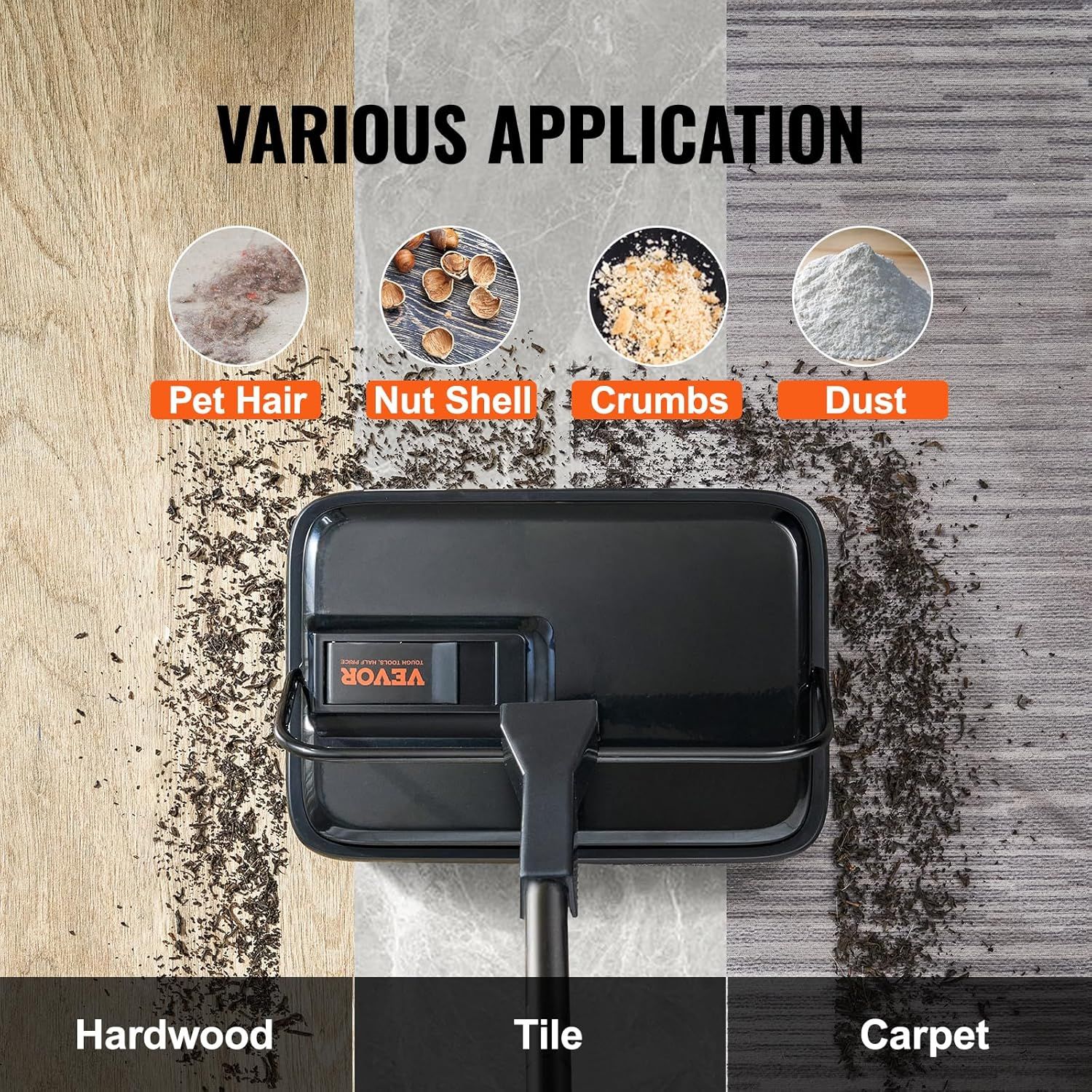 Demonstrates the product's versatility by showing it can clean multiple types of debris (pet hair, nut shells, crumbs, dust) across different floor surfaces…