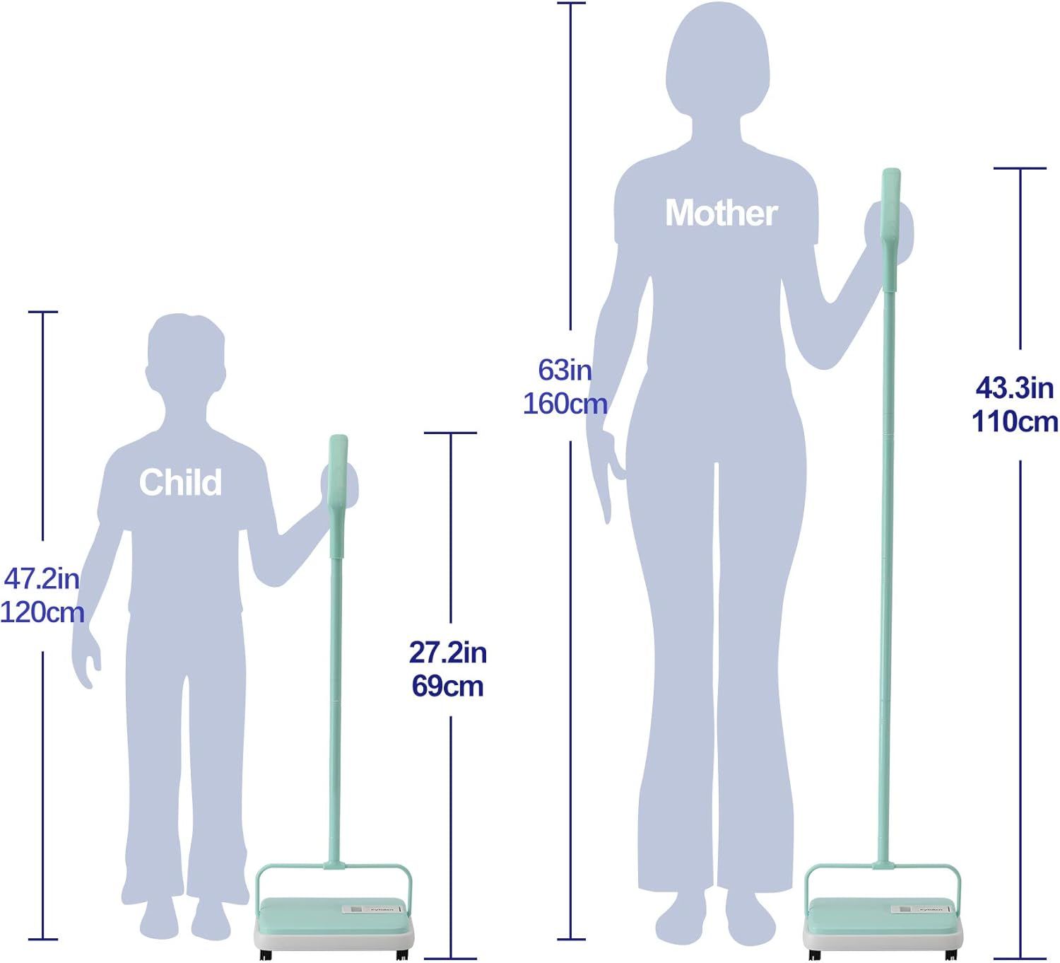 Demonstrates the physical height of the product at different extension levels and provides scale by showing it relative to a child and adult figure, helping…