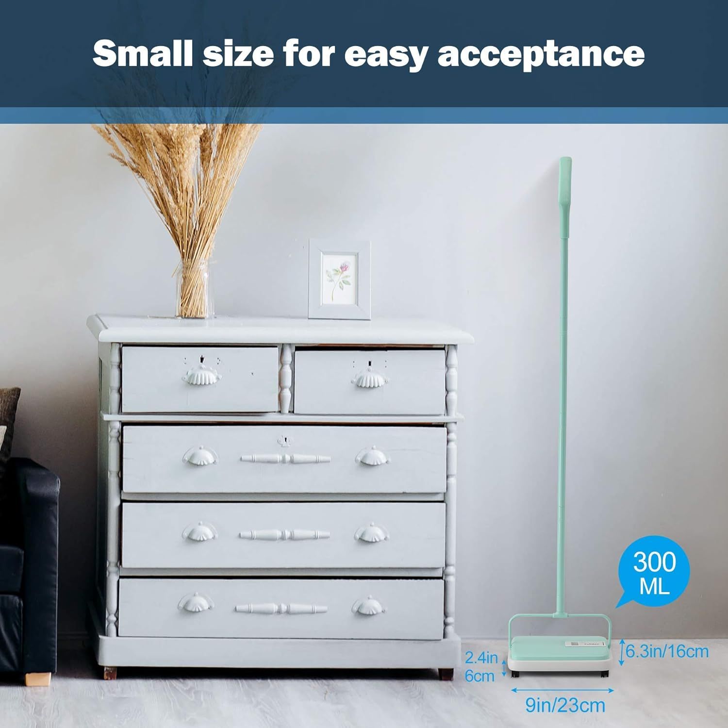 Demonstrates the product's compact physical dimensions (9in x 6.3in x 2.4in) and 300ML capacity to reassure shoppers that it's small and easy to store or use…