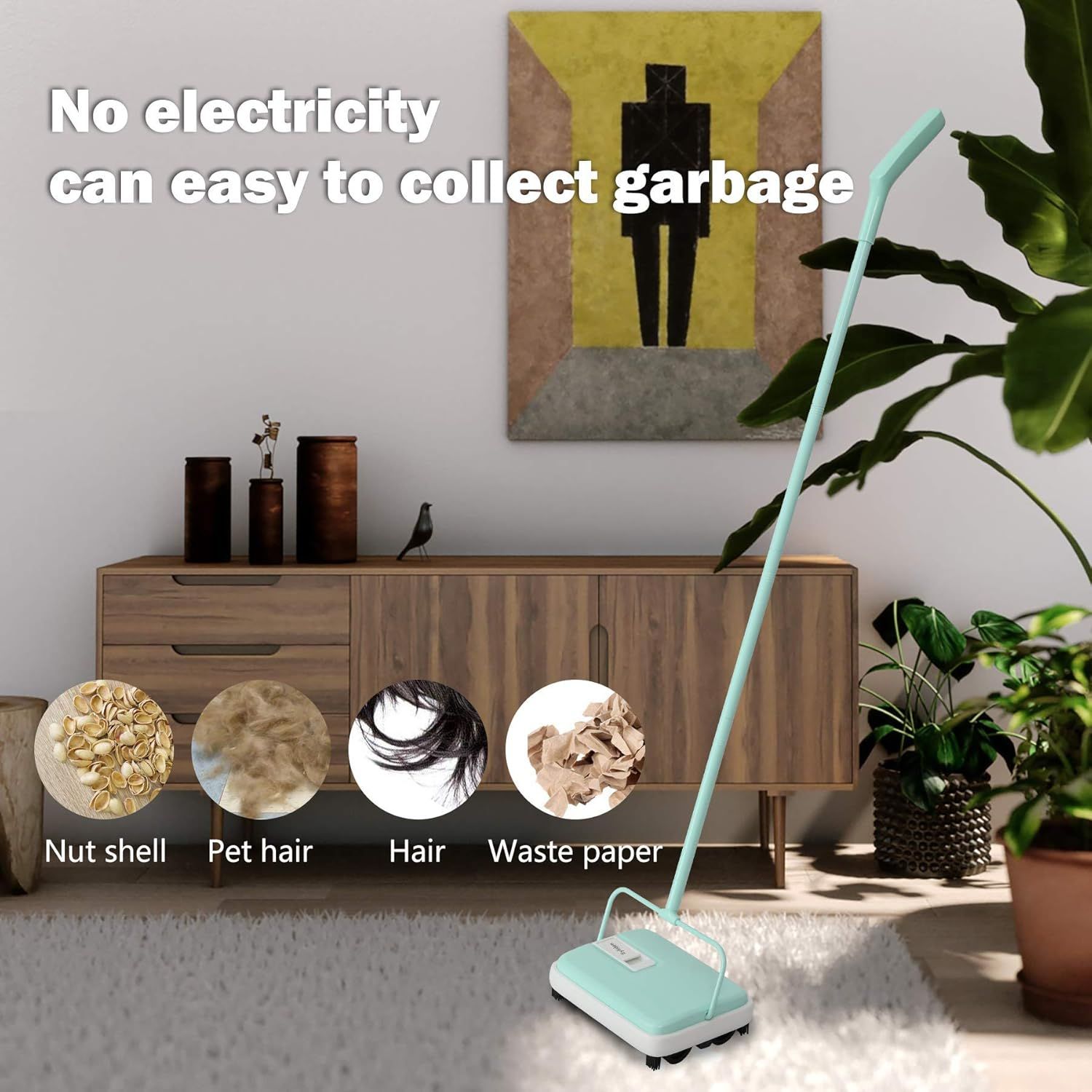 Demonstrates the product's versatility by showing it can collect multiple types of household debris (nut shells, pet hair, human hair, waste paper) without…
