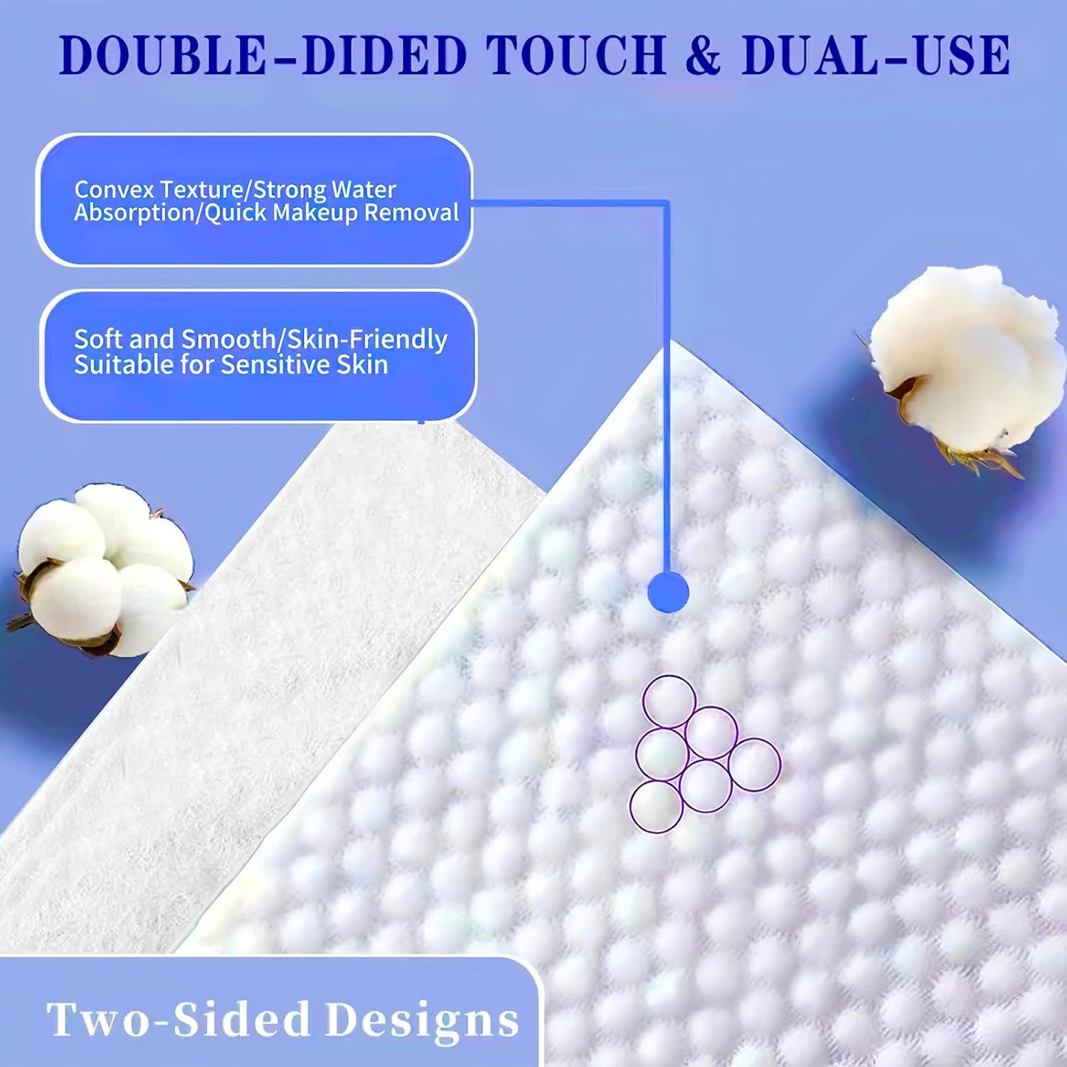 Breaks down the physical structure of the product by highlighting its two-sided design with different textures and materials, showing shoppers the specific features of each side (convex texture for…