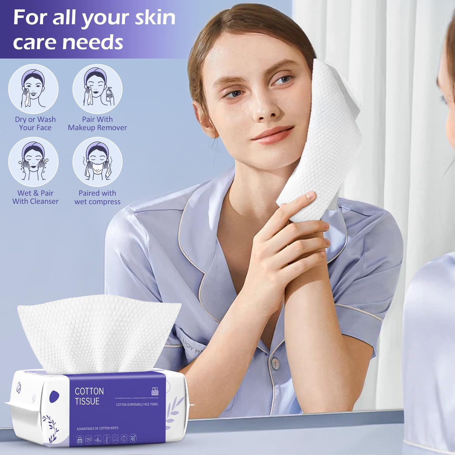 Demonstrates the multiple ways the cotton tissue can be used for skincare routines, showing versatility and value by highlighting four distinct application methods. Provides clear step-by-step…