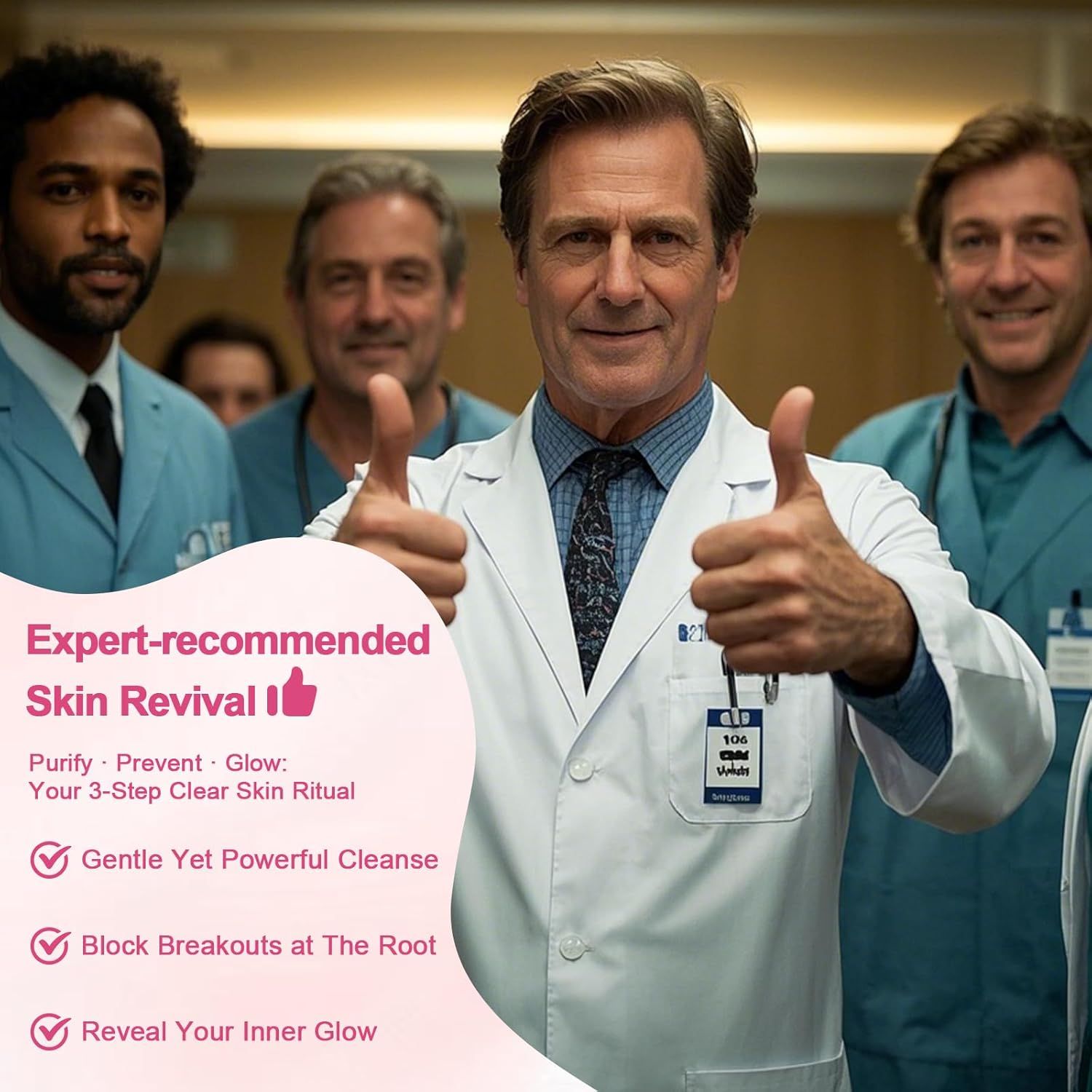 Communicates a 3-step skincare ritual with multiple distinct benefits (cleansing, preventing breakouts, and revealing glow) to show the comprehensive effectiveness of the product line. Leverages…