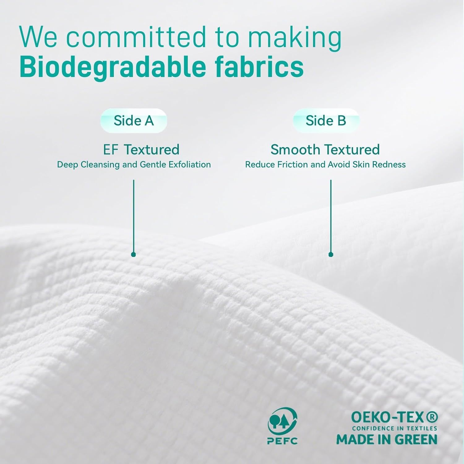 Communicates the brand's environmental commitment by highlighting biodegradable fabric materials and eco-certifications to reassure shoppers about sustainability. Explains the two distinct sides of…