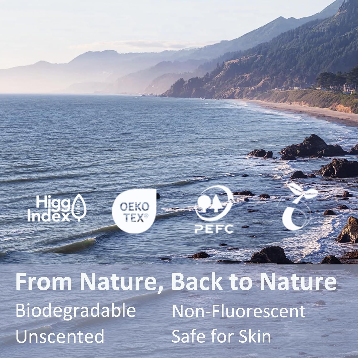 Communicates the product's environmental responsibility and safety credentials through multiple eco-certifications (Higg Index, OEKO-TEX, PEFC) and key sustainability benefits to reassure…