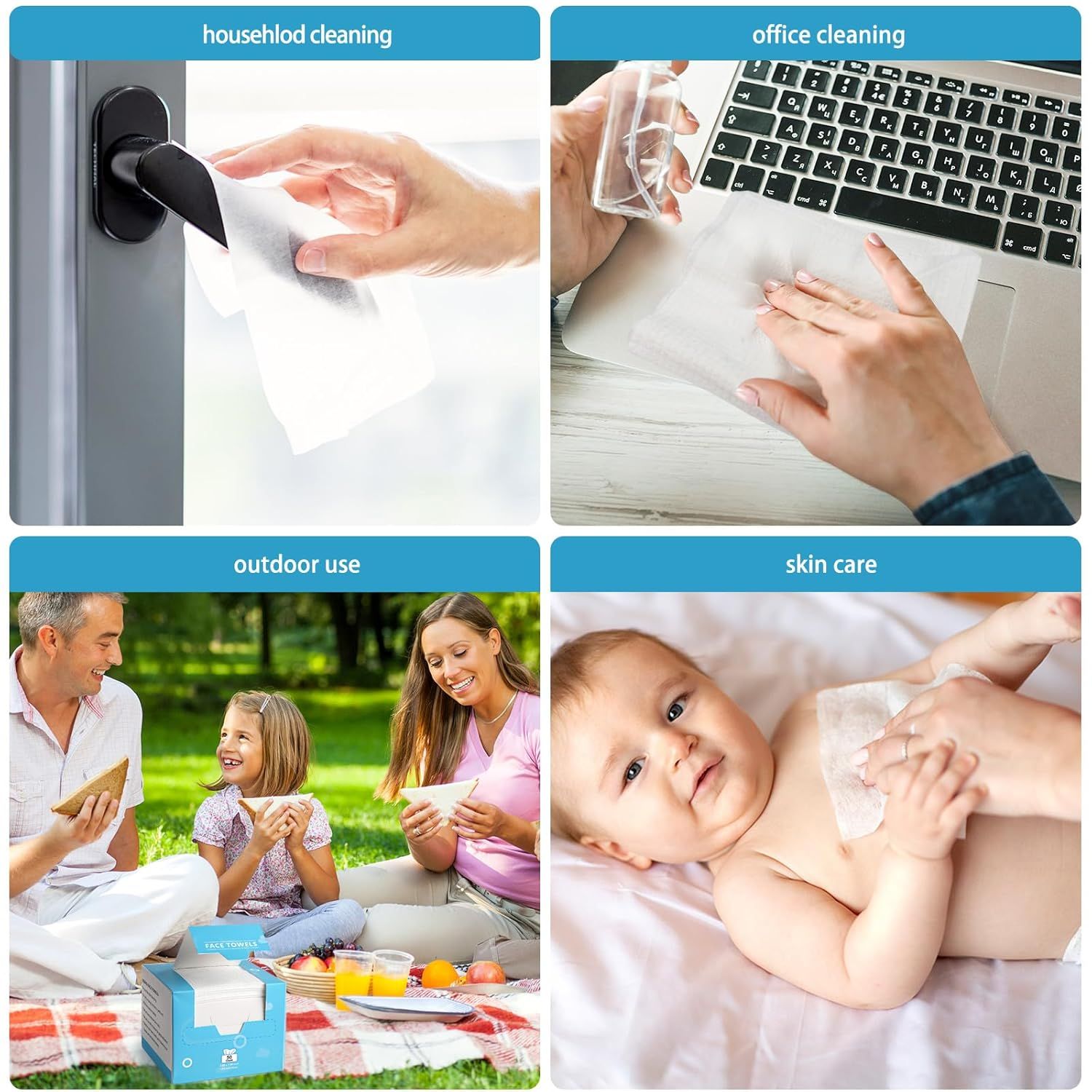 Demonstrates the versatility of the product by showing it can be used in four distinct scenarios: cleaning at home, cleaning office equipment, outdoor activities, and baby skin care.