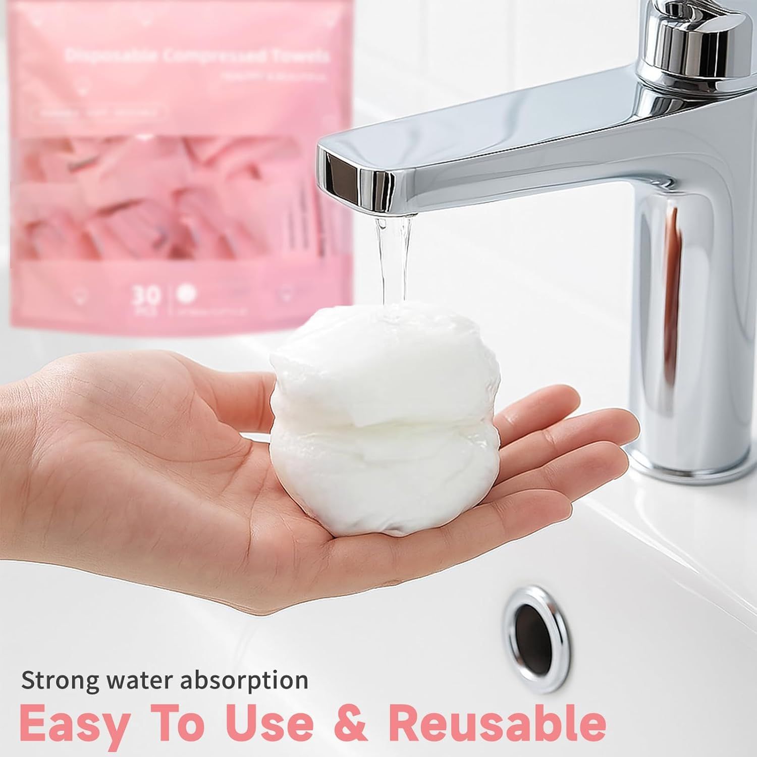 Demonstrates the product's strong water absorption capability and reusability, showing how it expands when wet and can be used repeatedly for cleaning or…