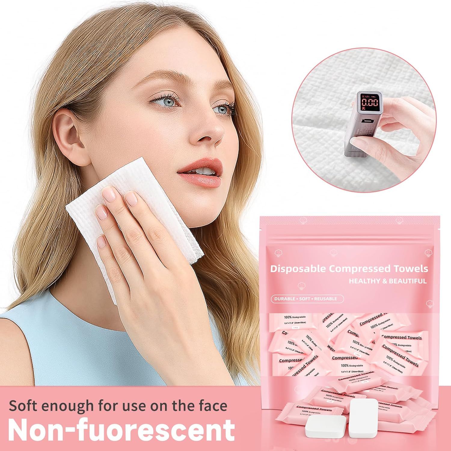 Demonstrates how to use the compressed towels by showing the rehydration process in the circular inset and the application on the face, reassuring shoppers…