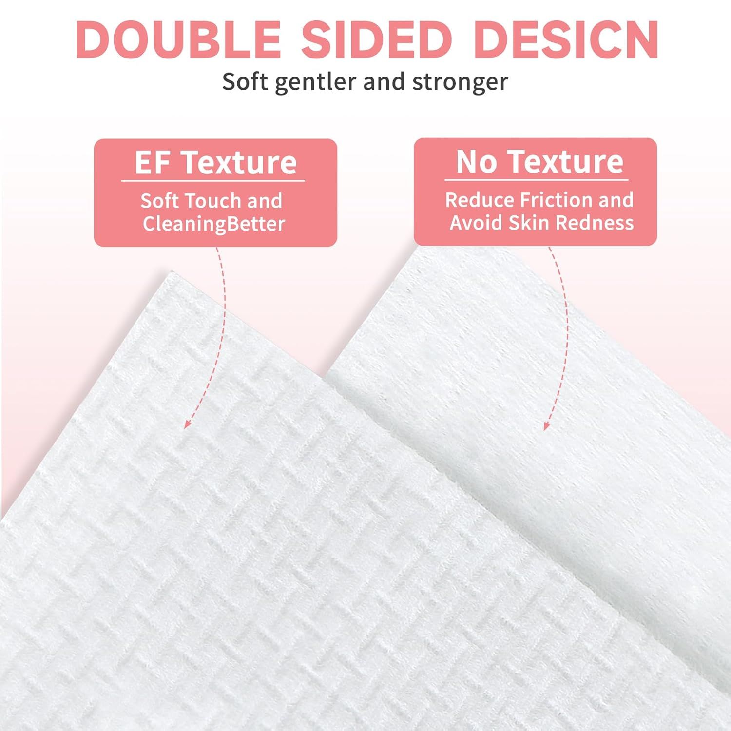 Explains the dual-sided construction of the product, highlighting that one side has an EF texture for soft touch and better cleaning, while the other side has…
