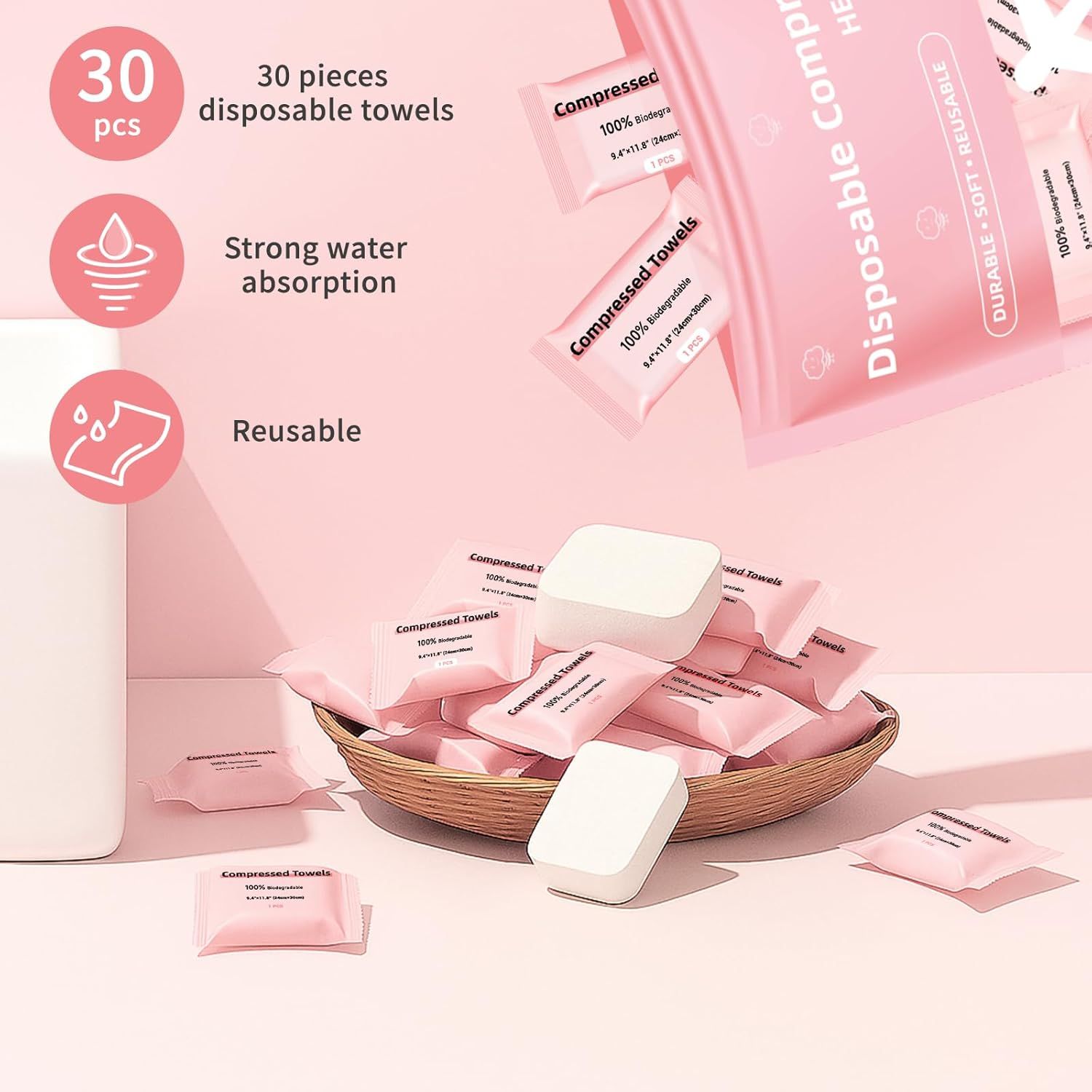 Communicates three distinct product benefits in a visually segmented layout with icons: the quantity included, water absorption capability, and reusability to…