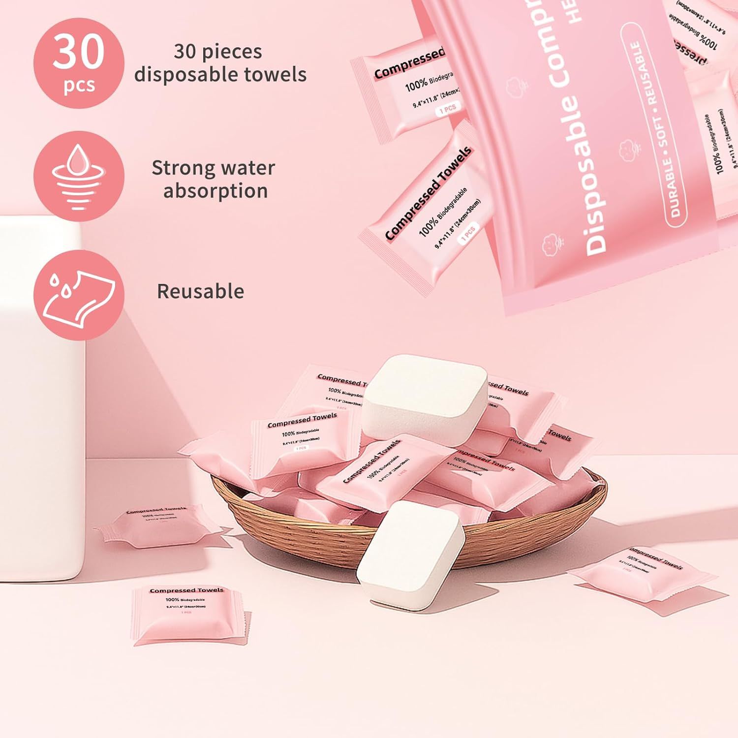Communicates three distinct product benefits in a segmented layout with icons: quantity (30 pieces), water absorption capability, and reusability to reassure…