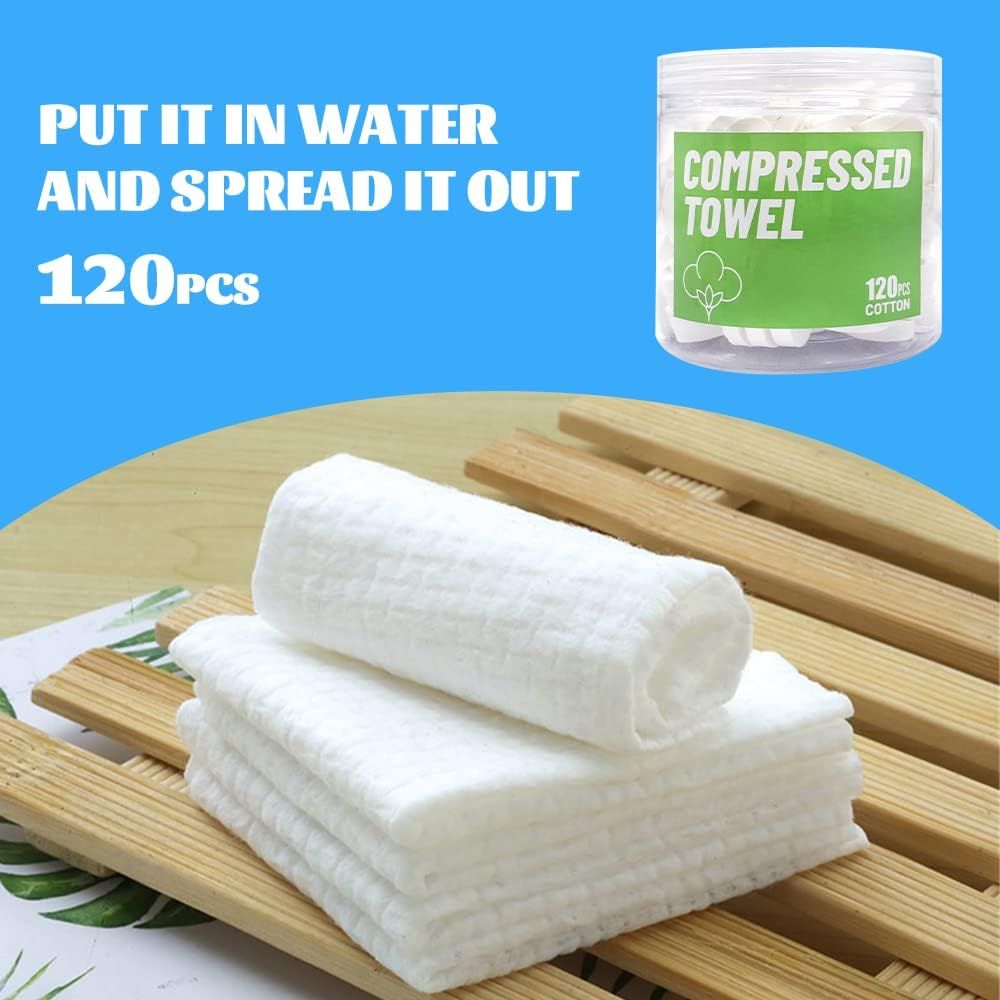 Demonstrates how to use the compressed towels by putting them in water and spreading them out, making the product's activation process clear and simple for shoppers. Highlights the quantity of 120…